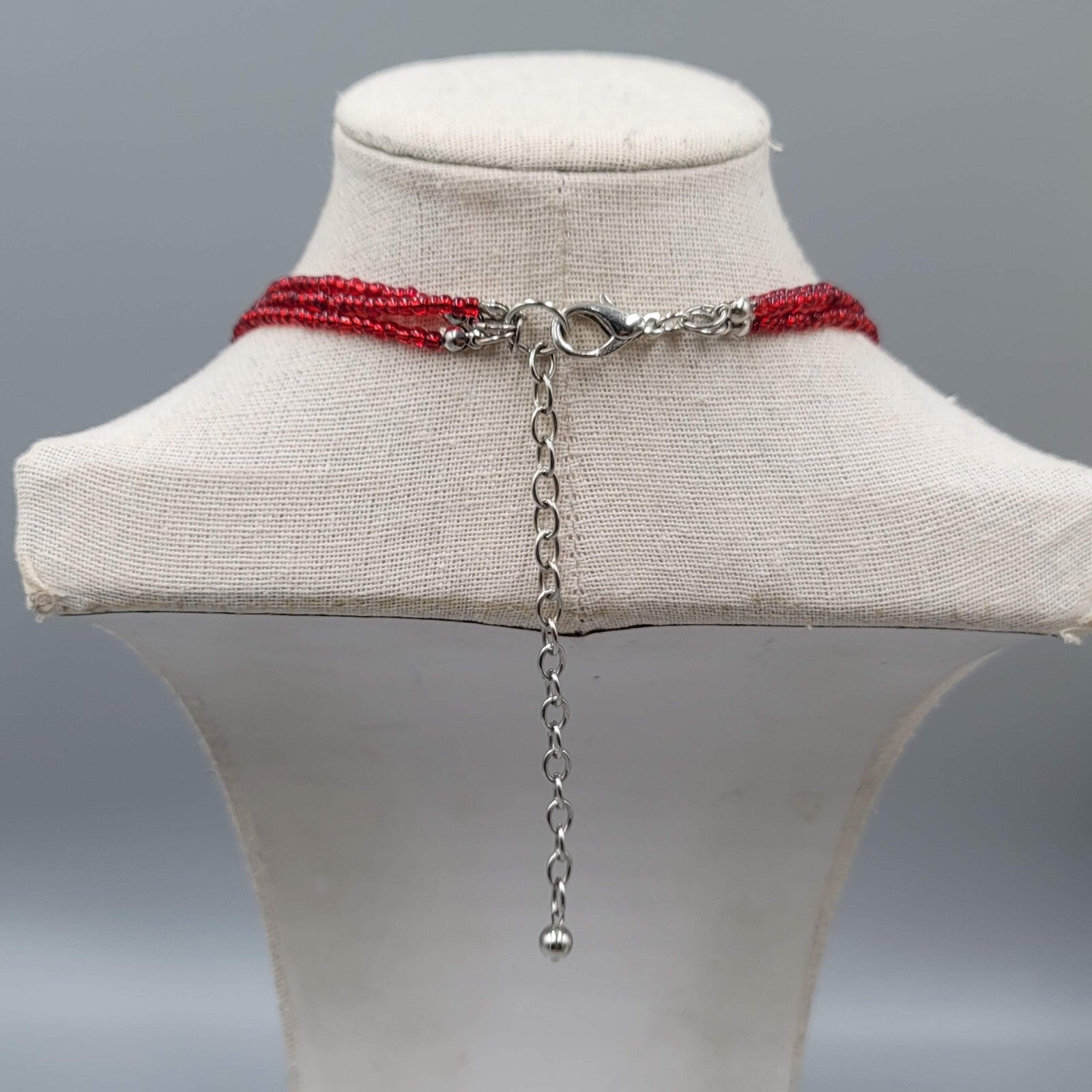 Red Bead Triple Layer Necklace Silver tone Statement Flower Pendant 20"+