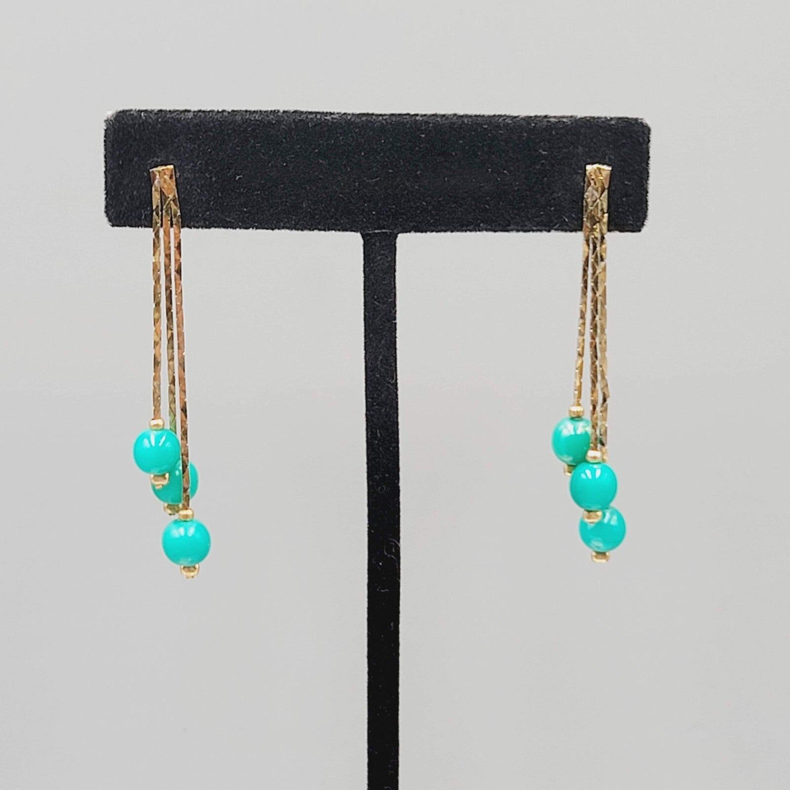 Vintage Dangle Chains Pierced Earrings Teal Bead 2"