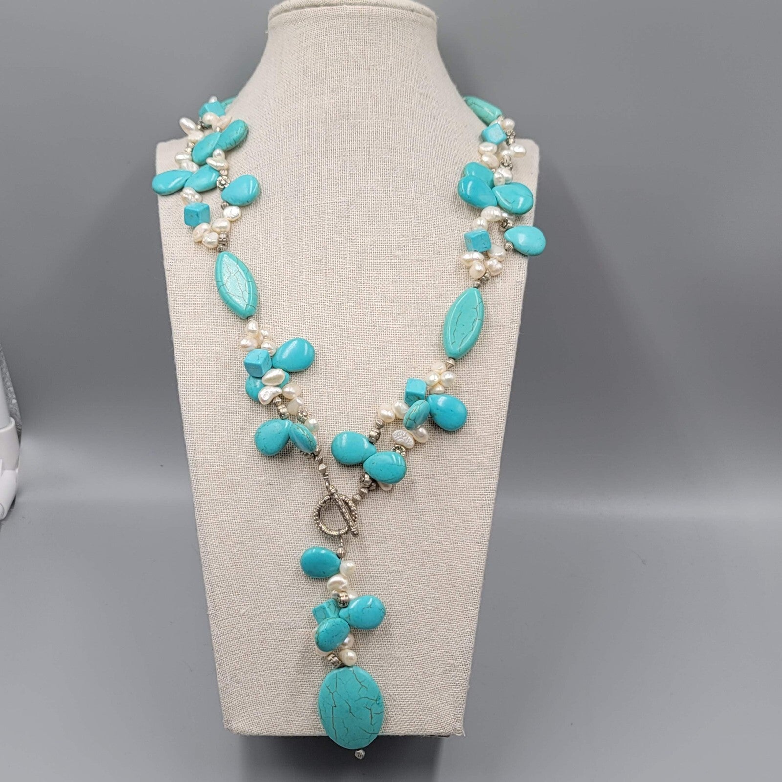 Large Statement Stone Bead Necklace Blue Dyed Howlite Pearl Silver tone Toggle