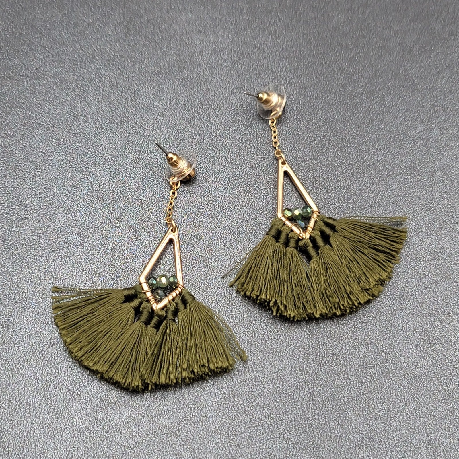 Pierced Earrings Gold tone Green Rhinestone Tassel Dangle 3"