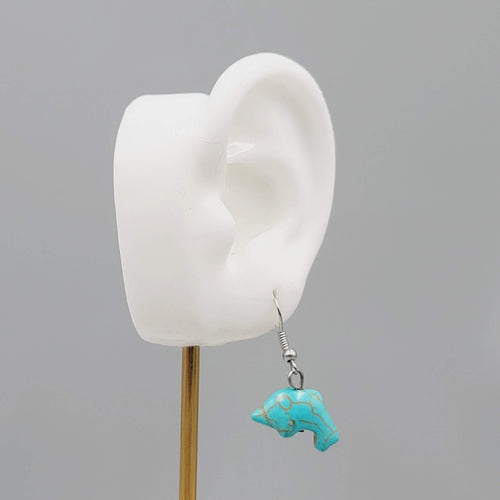 Dolphin Pierced Earrings Blue Howlite Stone Silver tone Dangle 3/4"