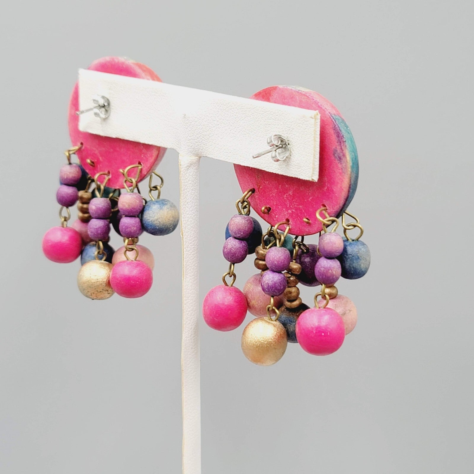 Vintage Painted Wood Statement Pierced Earrings Multicolor Beads 2"
