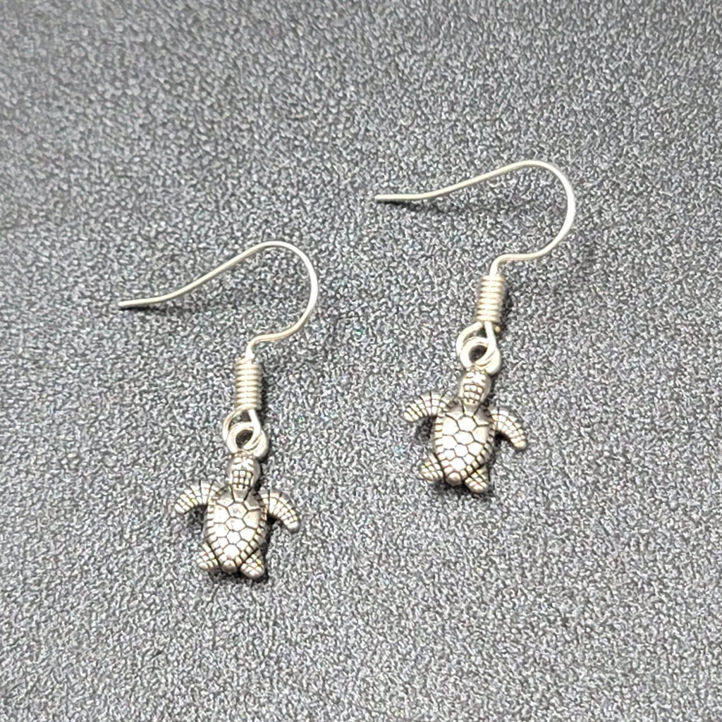 Pierced Earrings Miniature Baby Sea Turtle Dainty Dangle Silver tone  1/2"