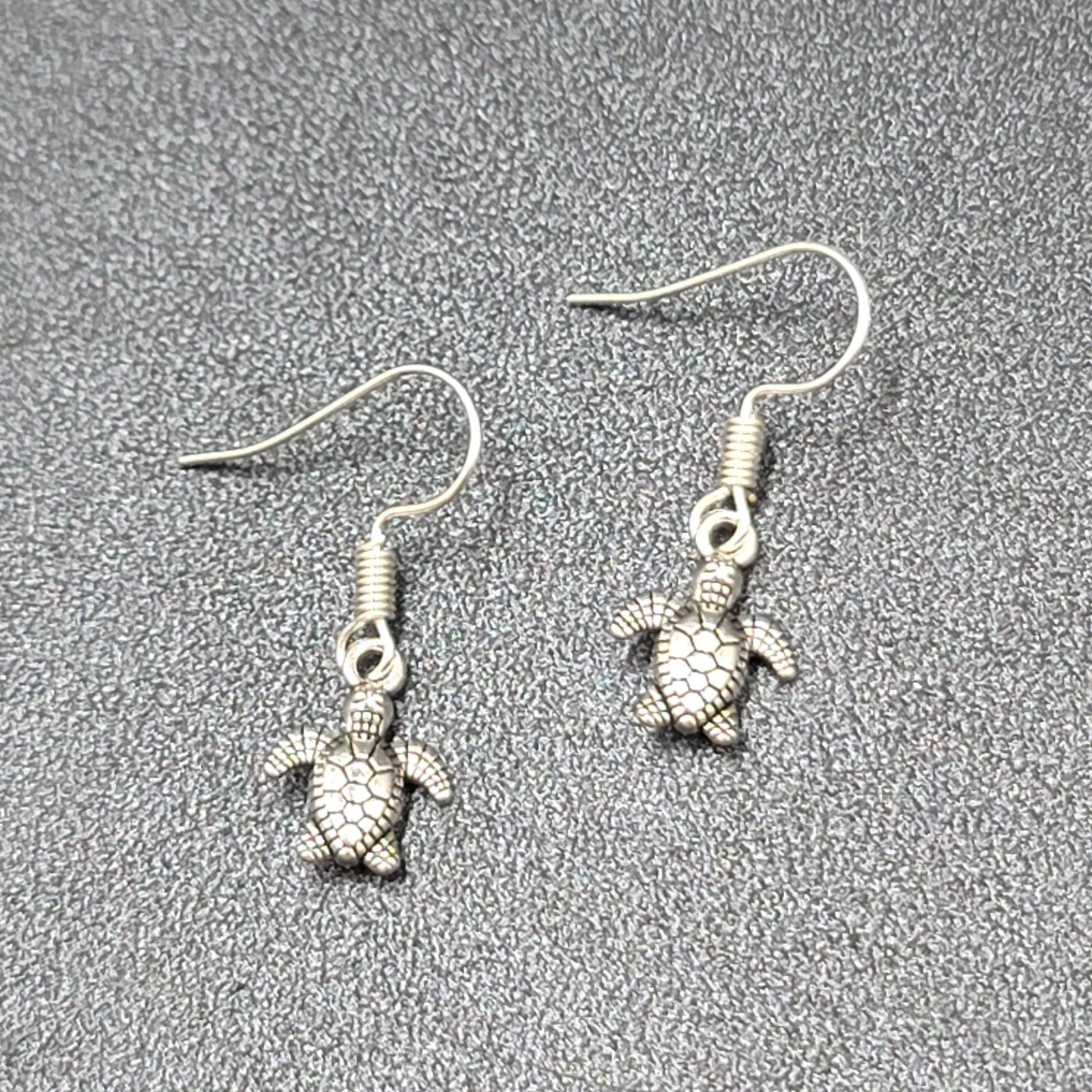 Pierced Earrings Miniature Baby Sea Turtle Dainty Dangle Silver tone  1/2"