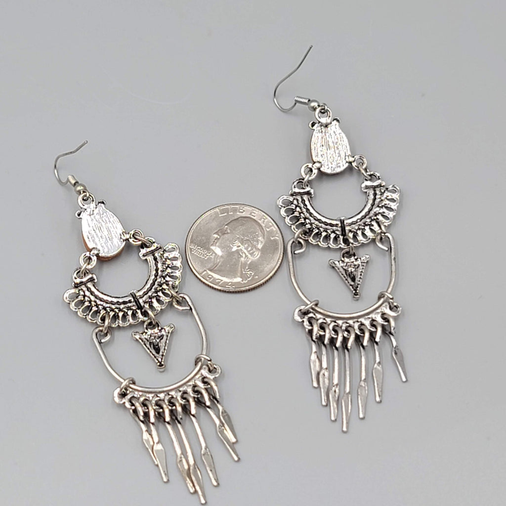 Boho Chandelier Pierced Earrings Silver tone Orange Accent 3 3/8"