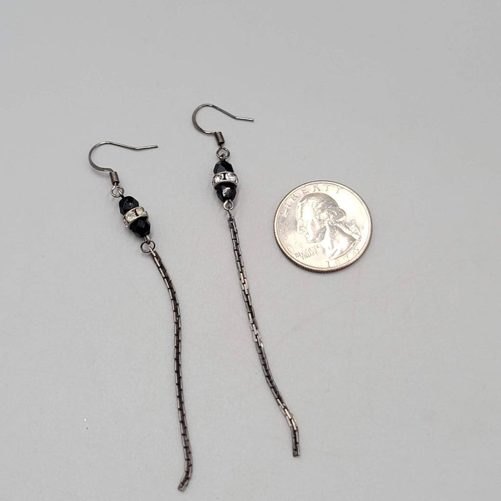 Black Metal Chain Pierced Earrings Rhinestone Bead Dangle 3"