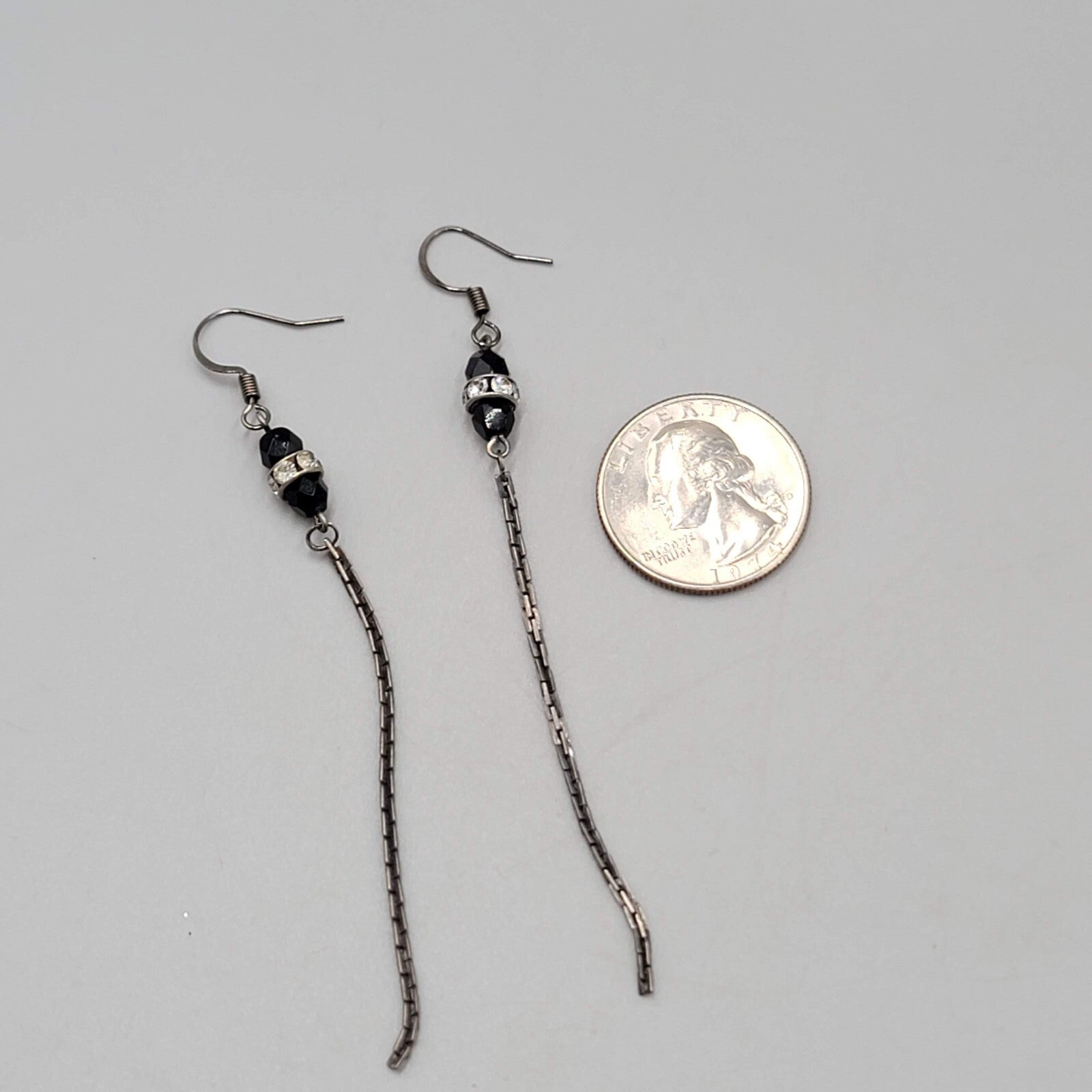 Black Metal Chain Pierced Earrings Rhinestone Bead Dangle 3"