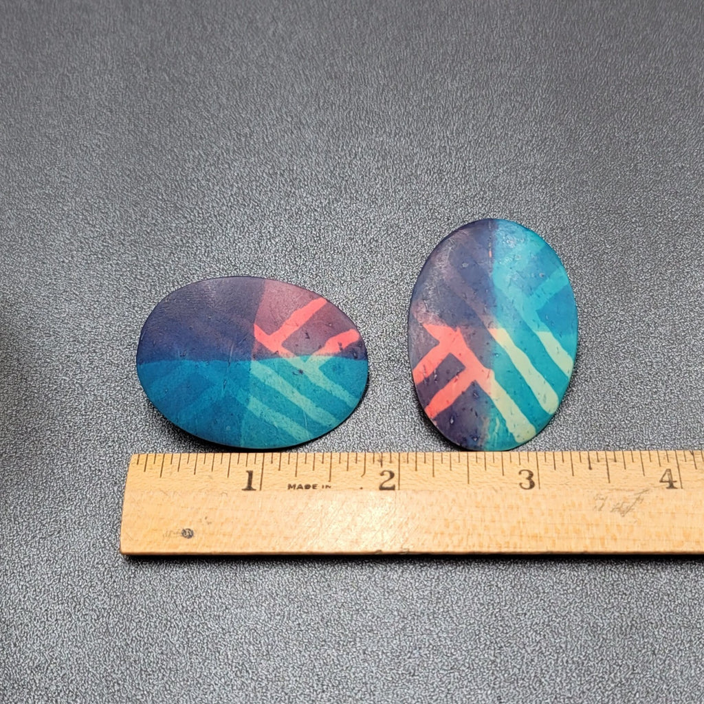 Pierced Earrings Blue Pink Purple Oval Wood Statement 1.25"