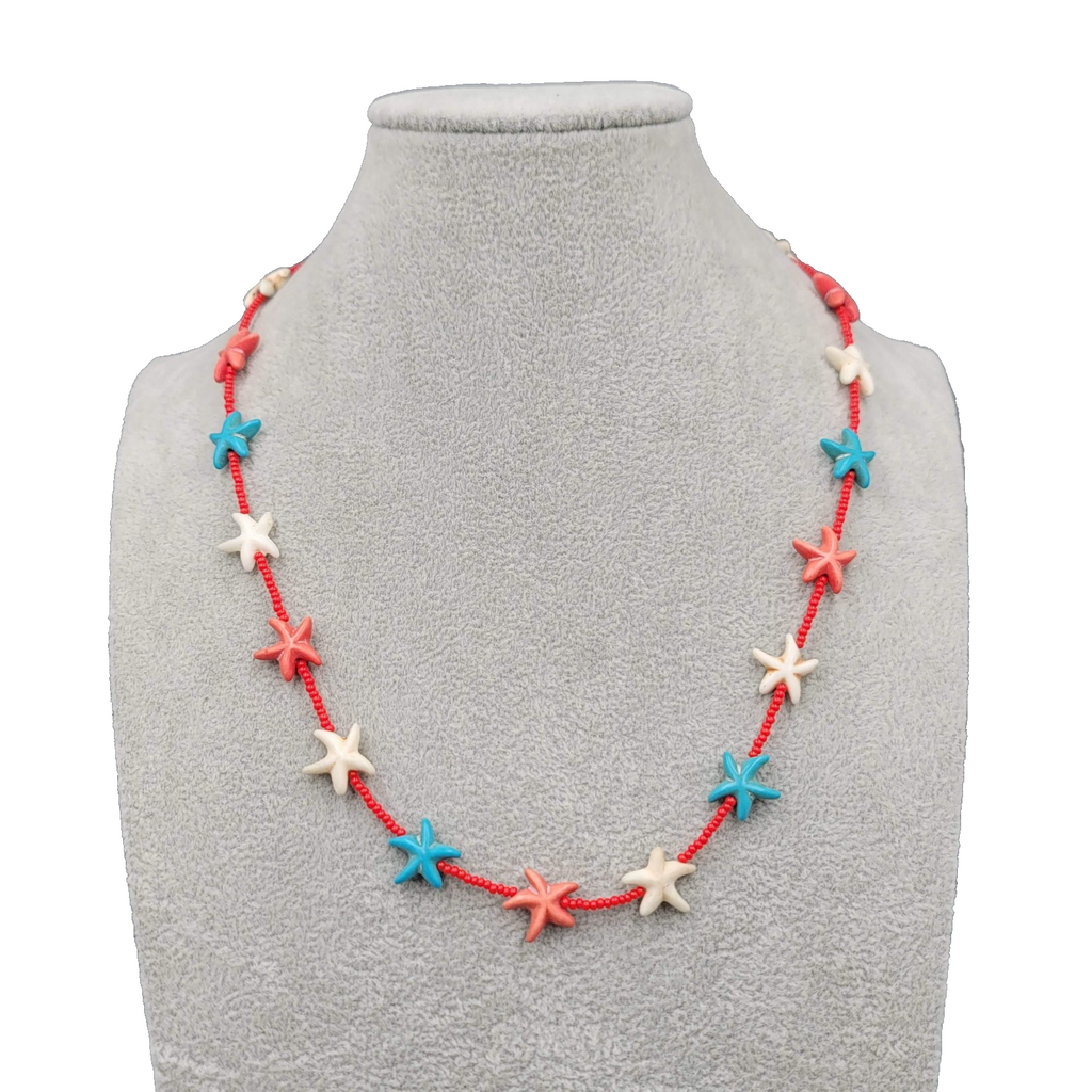 Red White Blue Stone Starfish Bead Necklace 20 in