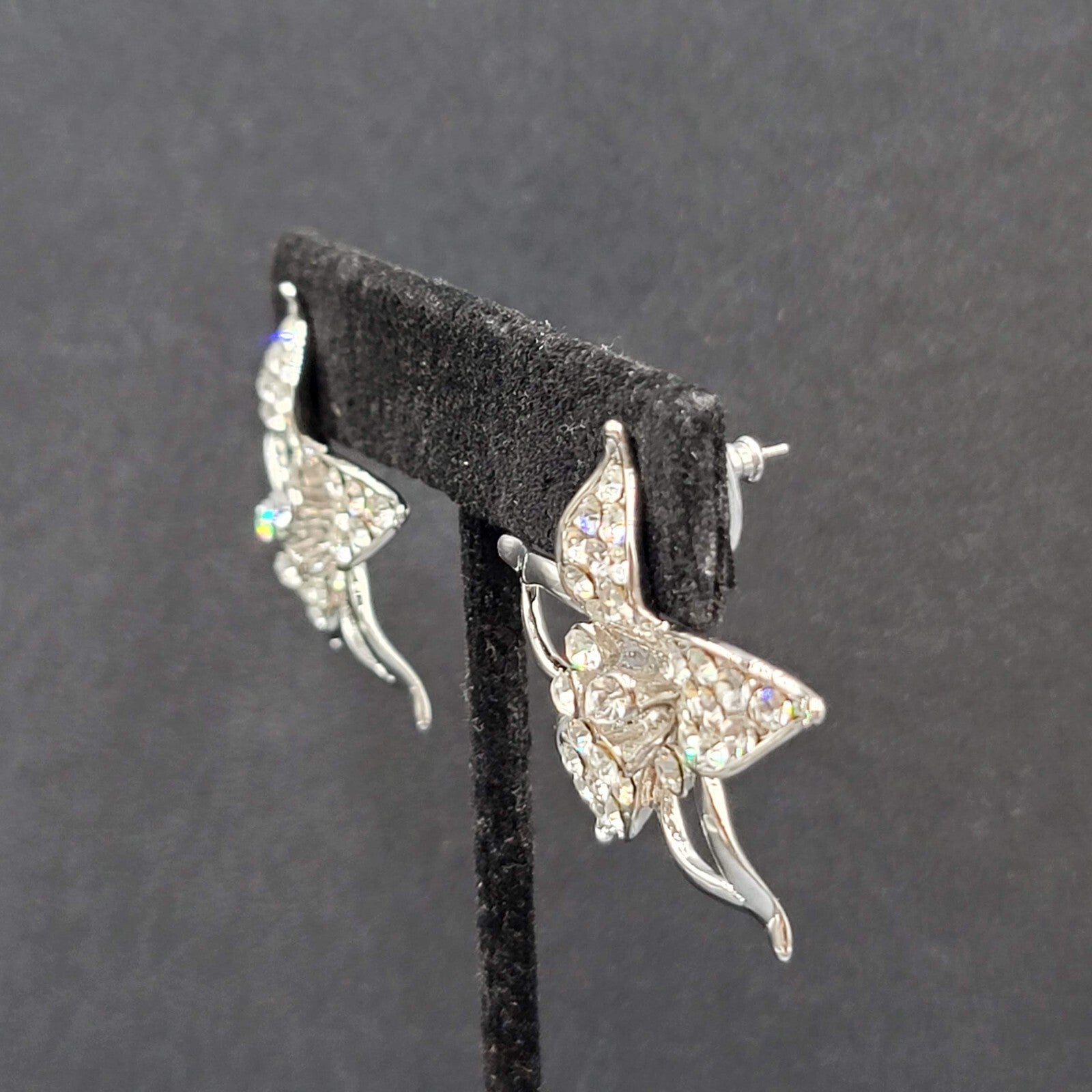 Pierced Earrings Silver Plated Crystal Rhinestone Drop Flower Signed 1 3/8"