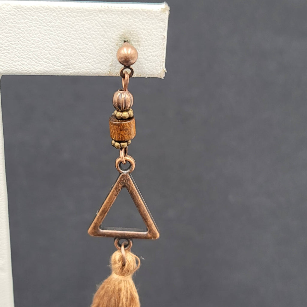 Tassel Pierced Earrings Bronze tone Wood Triangle Dangle 2.75"