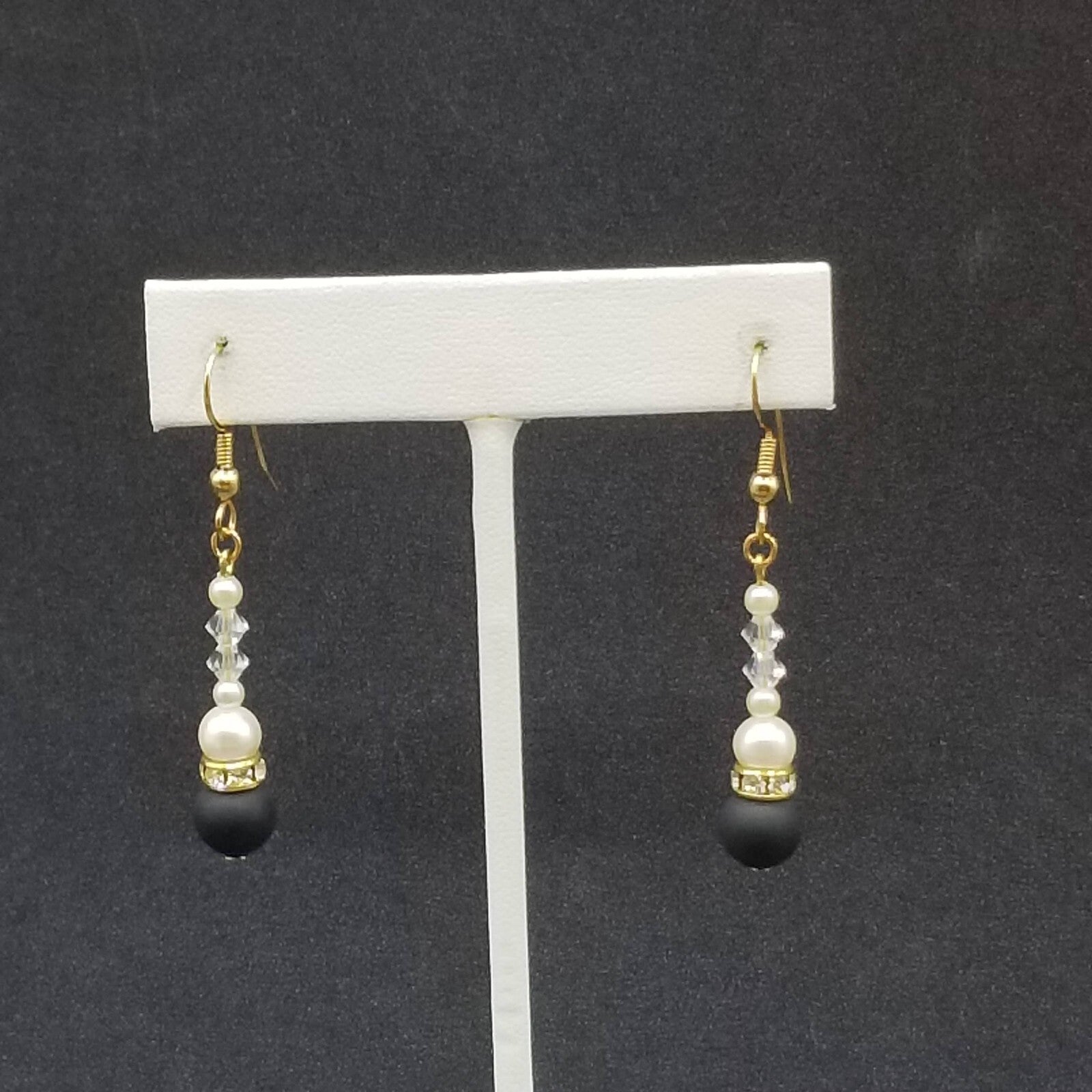 Pierced Earrings Gold tone Crystal Faux Pearl Black Beaded Dangle 1 1/8"