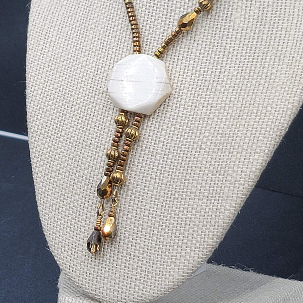 Signed Holly Necklace Gold tone Seed Bead White Stone Pendant Tassels 16"-18"