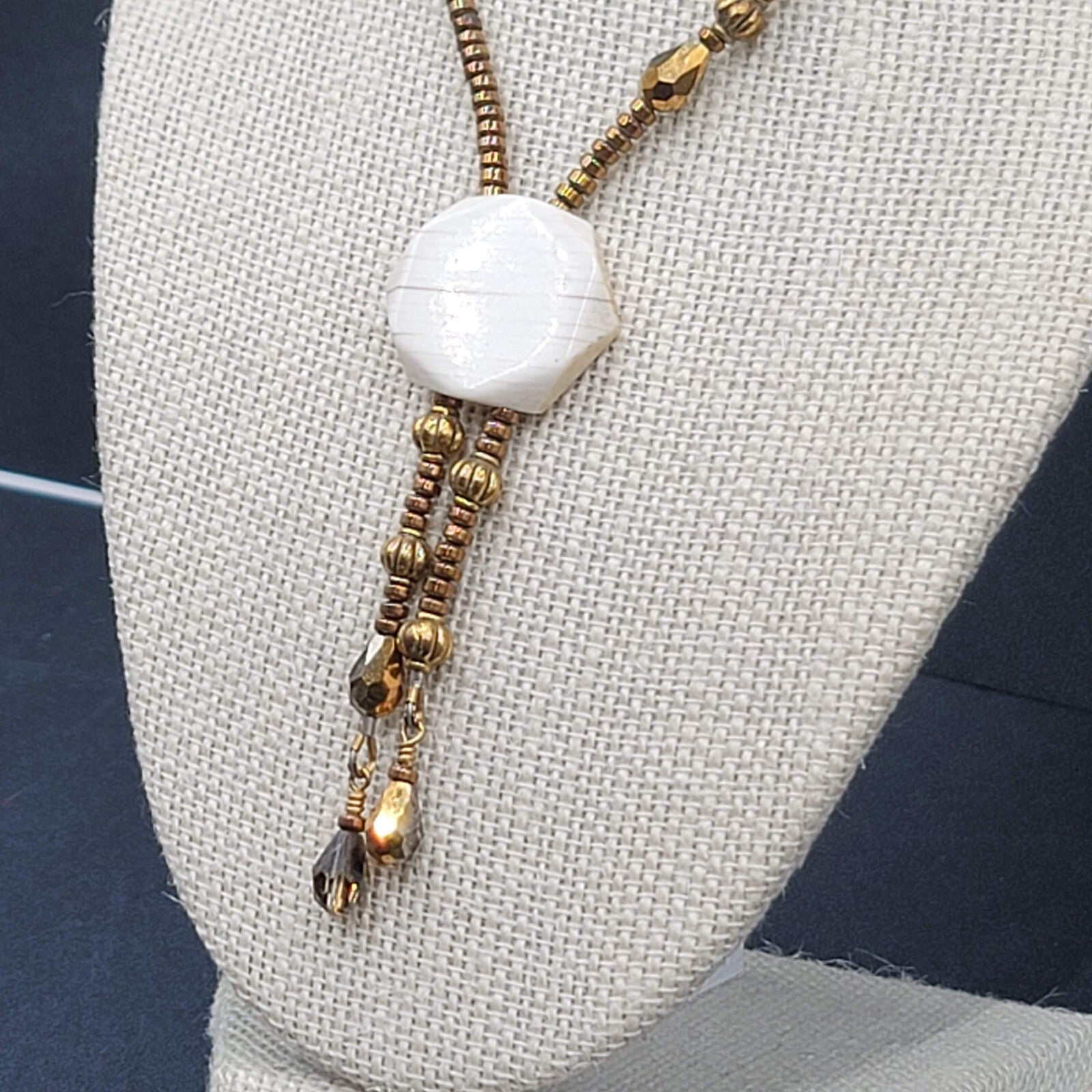 Signed Holly Necklace Gold tone Seed Bead White Stone Pendant Tassels 16"-18"