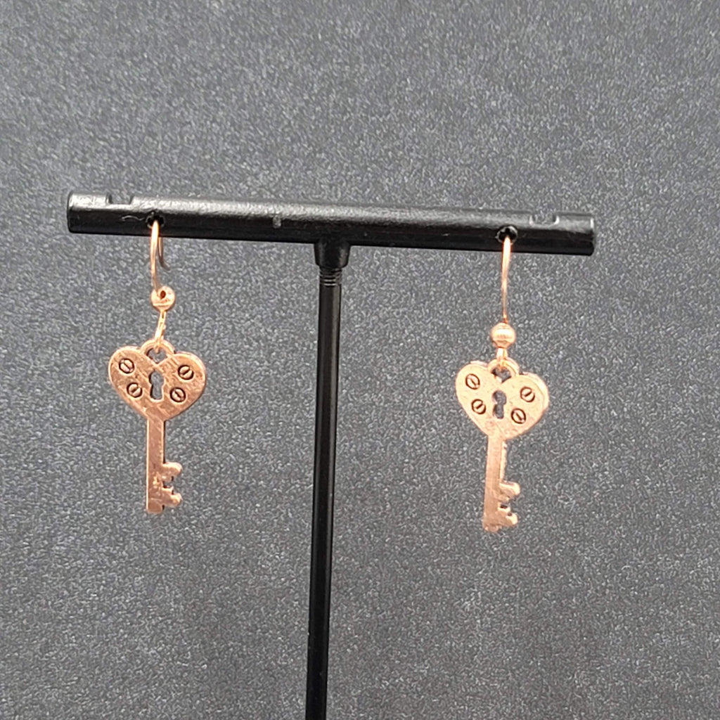 Heart Skeleton Key Pierced Earrings Bright Copper tone Dangle 7/8"