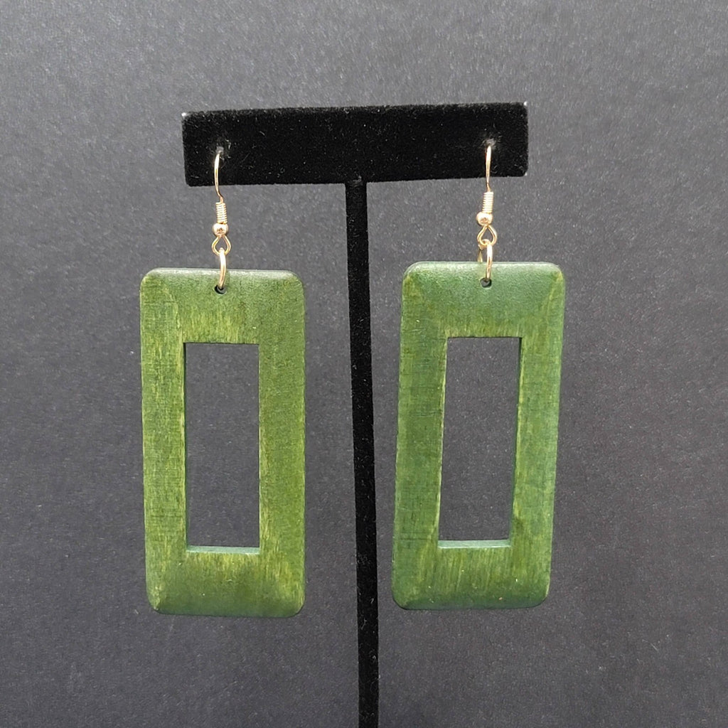 Pierced Earrings Large Green Wood Rectangle Statement Dangle 2.75"