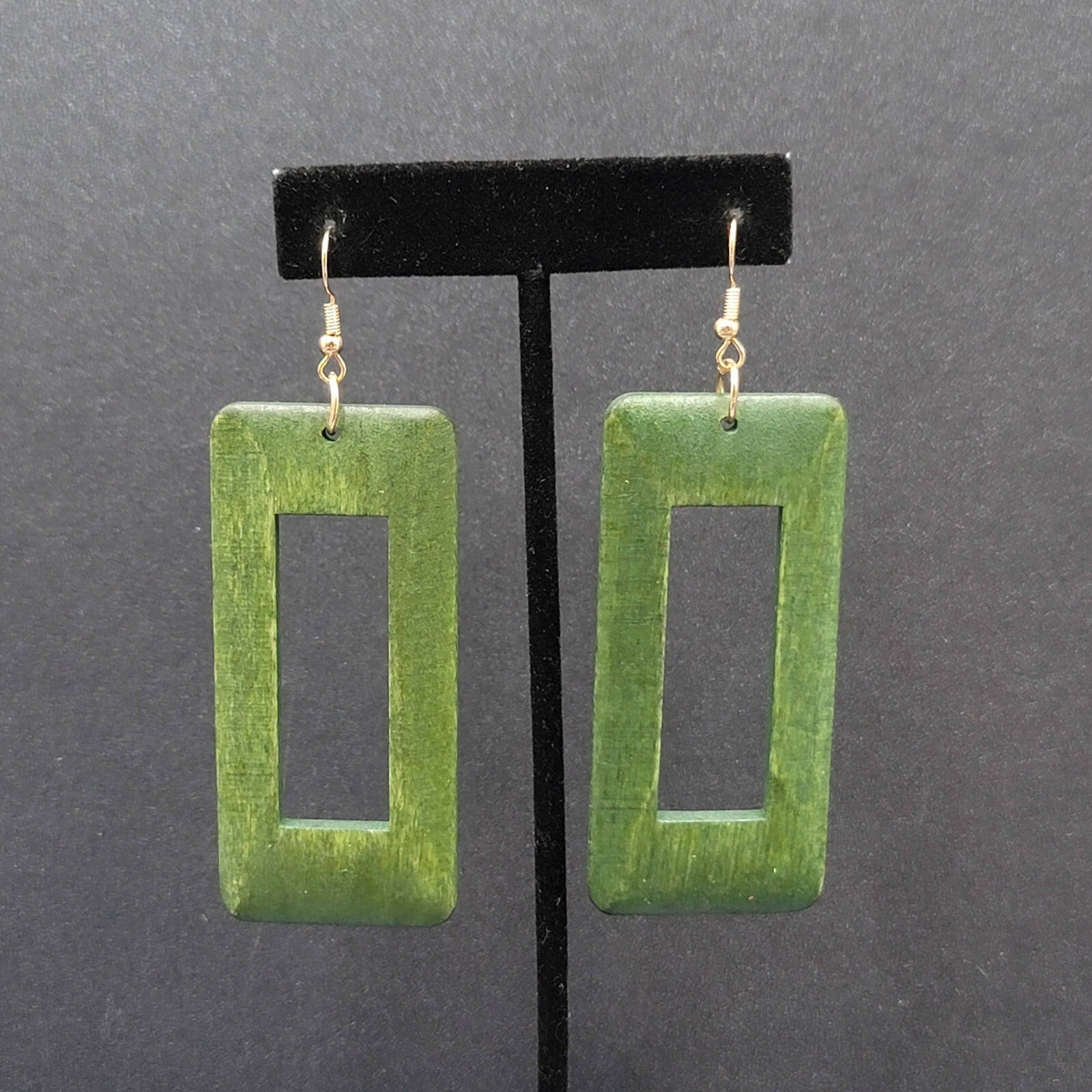Pierced Earrings Large Green Wood Rectangle Statement Dangle 2.75"