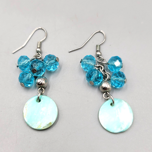 Blue Crystal Bead Dangle Pierced Earrings Silver Tone Shell Disc Drop Boho 1.25"
