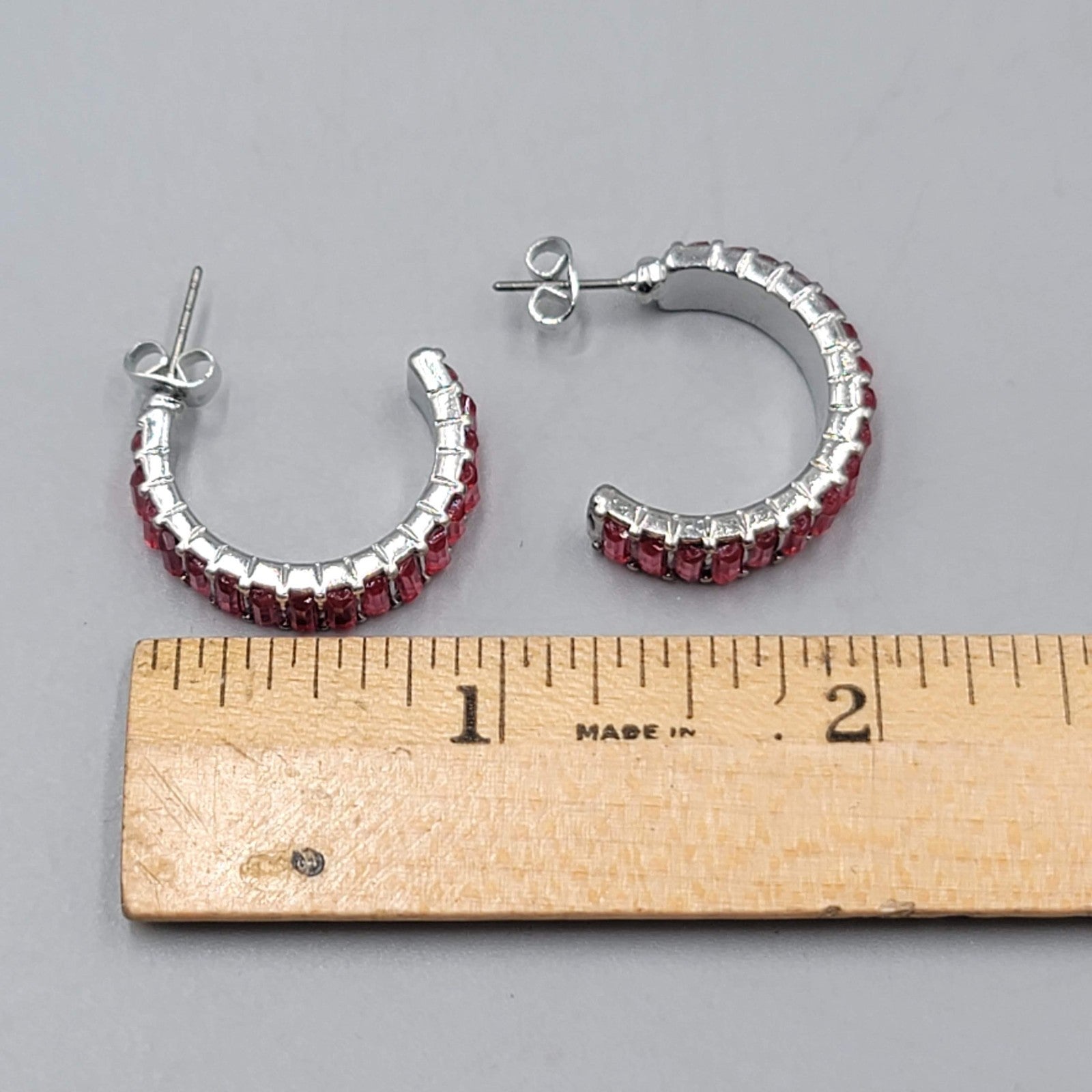 Pink Crystal Baguette Hoops Pierced Earrings Silver tone 7/8 in