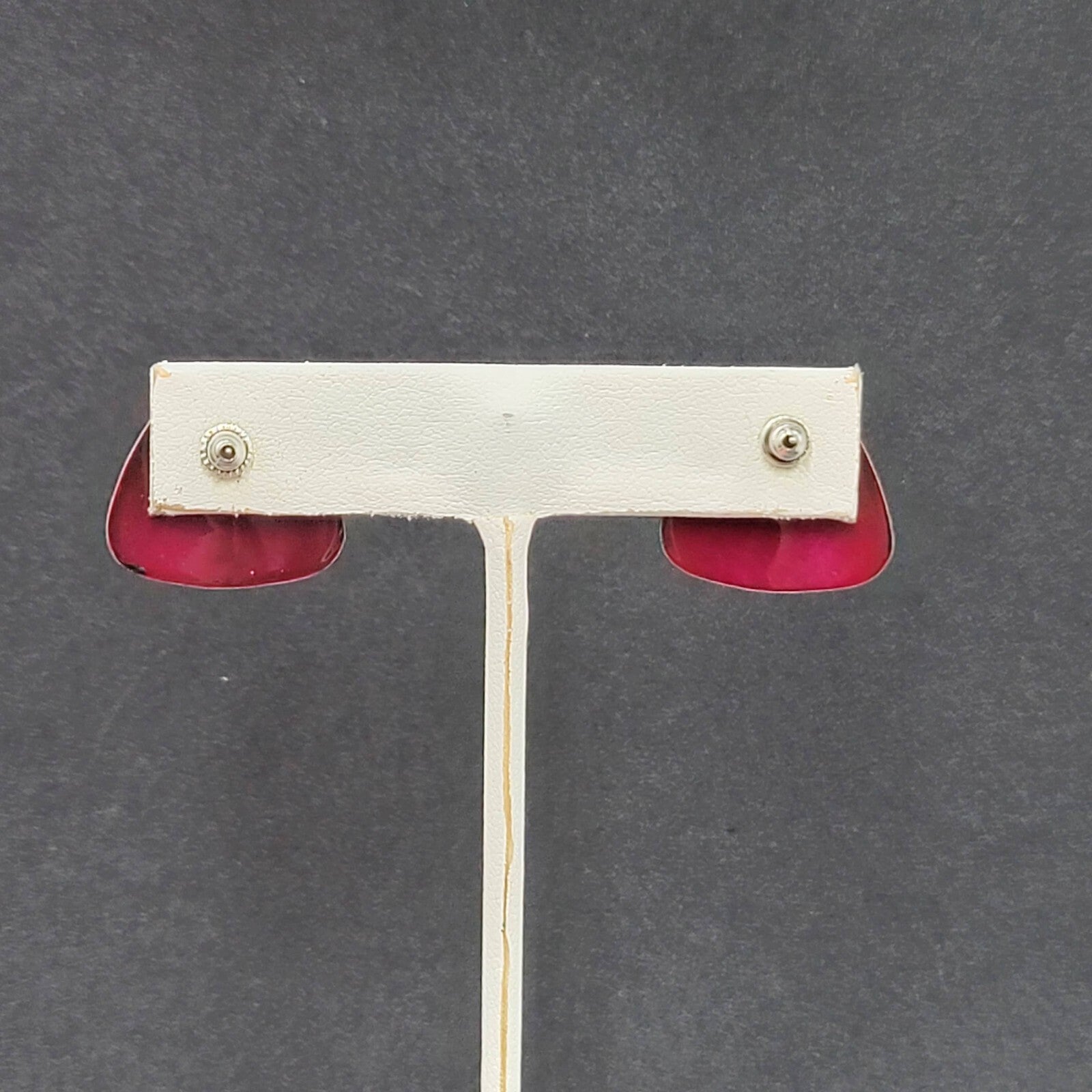 Vintage Pierced Earrings Burgundy Red Black Enamel over Metal Triangle Drop 3/4"