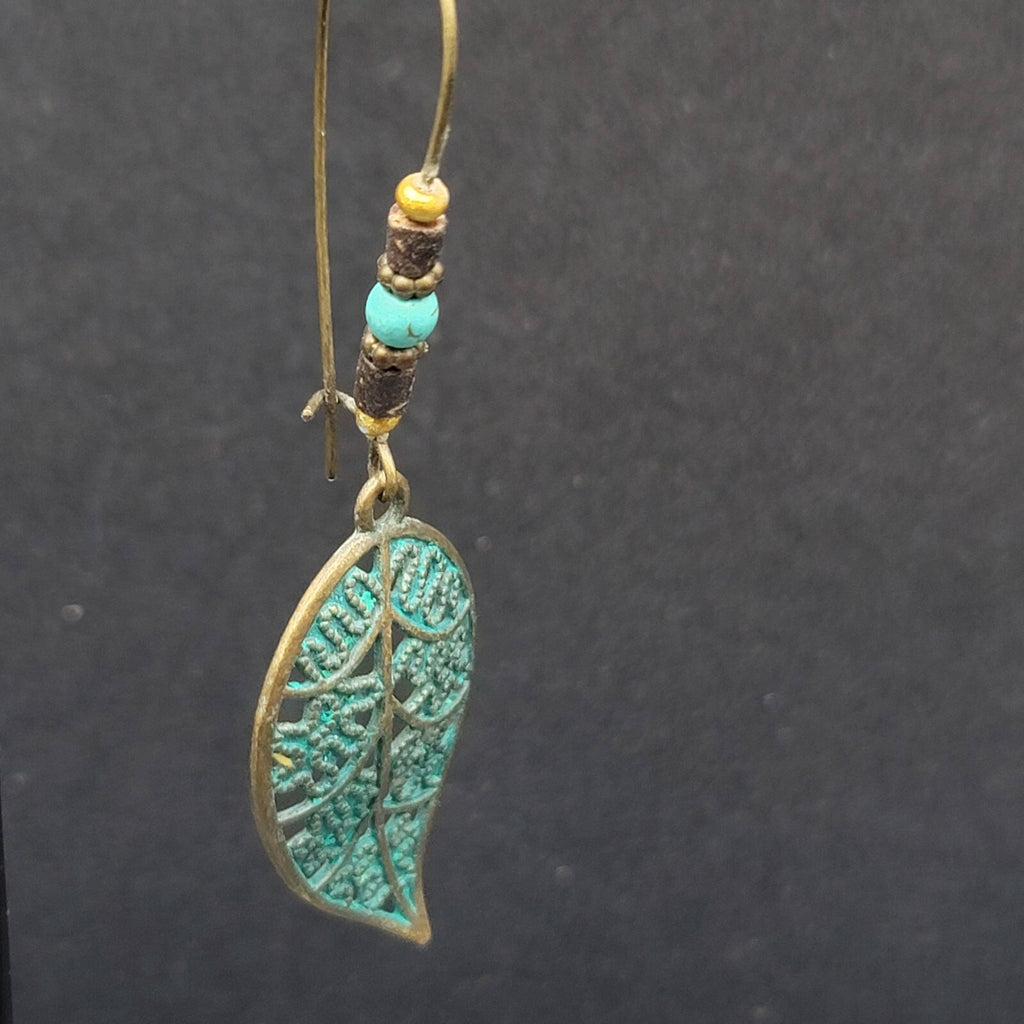 Boho Pierced Earrings Bronze tone Faux Patina Leaf Beaded 2.75"