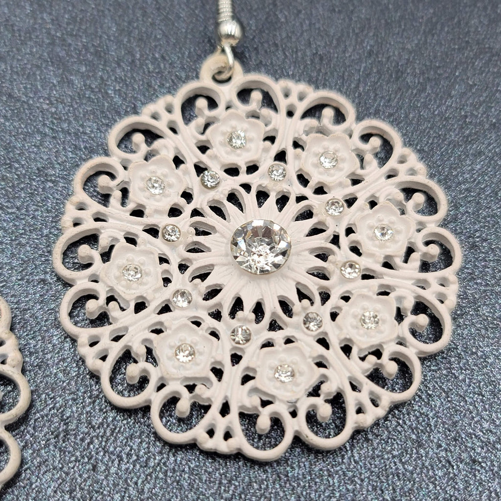Pierced Earrings White Enamel Rhinestone Medallion Open Work 1.75"