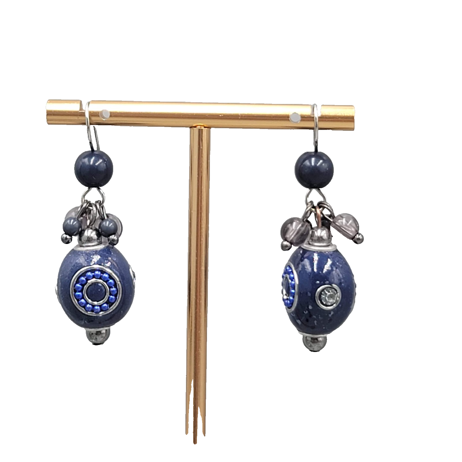 Blue Bead Pierced Earrings Crystal Silver tone Dangle 1.25 in