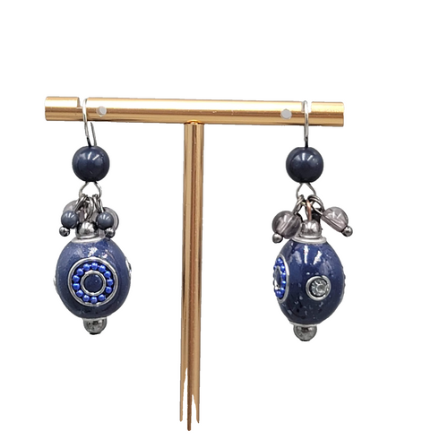 Blue Bead Pierced Earrings Crystal Silver tone Dangle 1.25 in