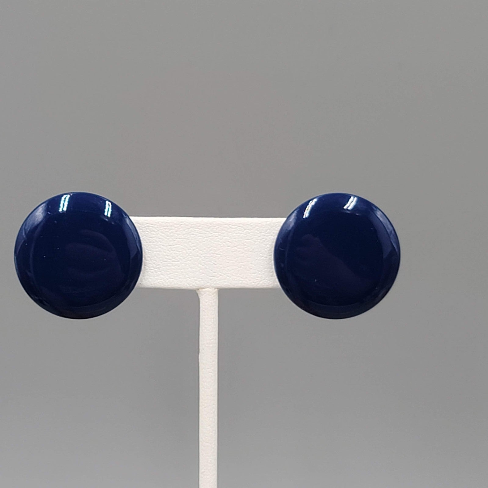 Vintage Navy Blue Enamel Pierced Earrings Round Disc 1"