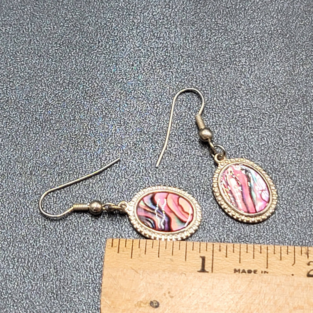Vintage Pierced Earrings Silver tone Oval Faux Abalone Dangle 3/4"