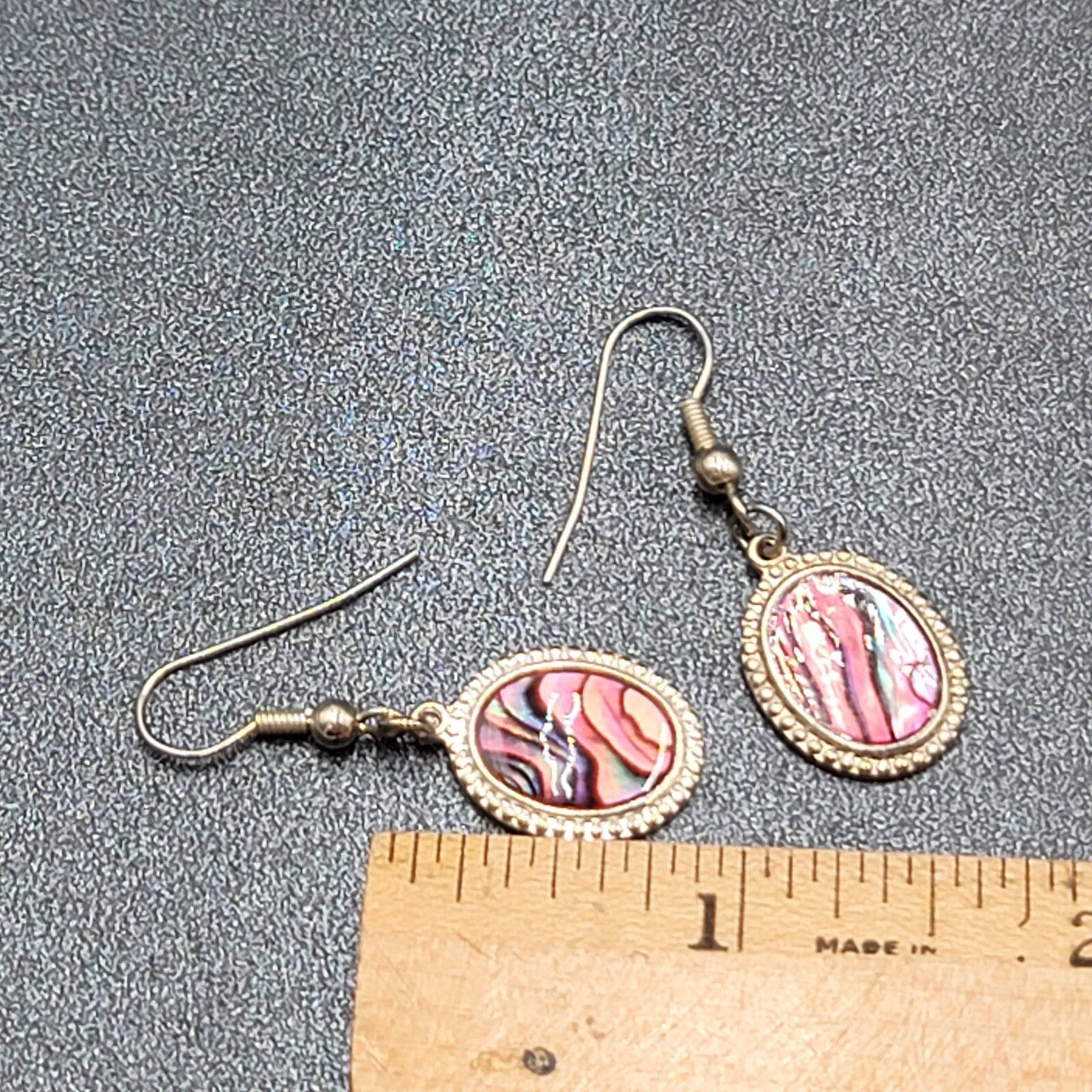 Vintage Pierced Earrings Silver tone Oval Faux Abalone Dangle 3/4"