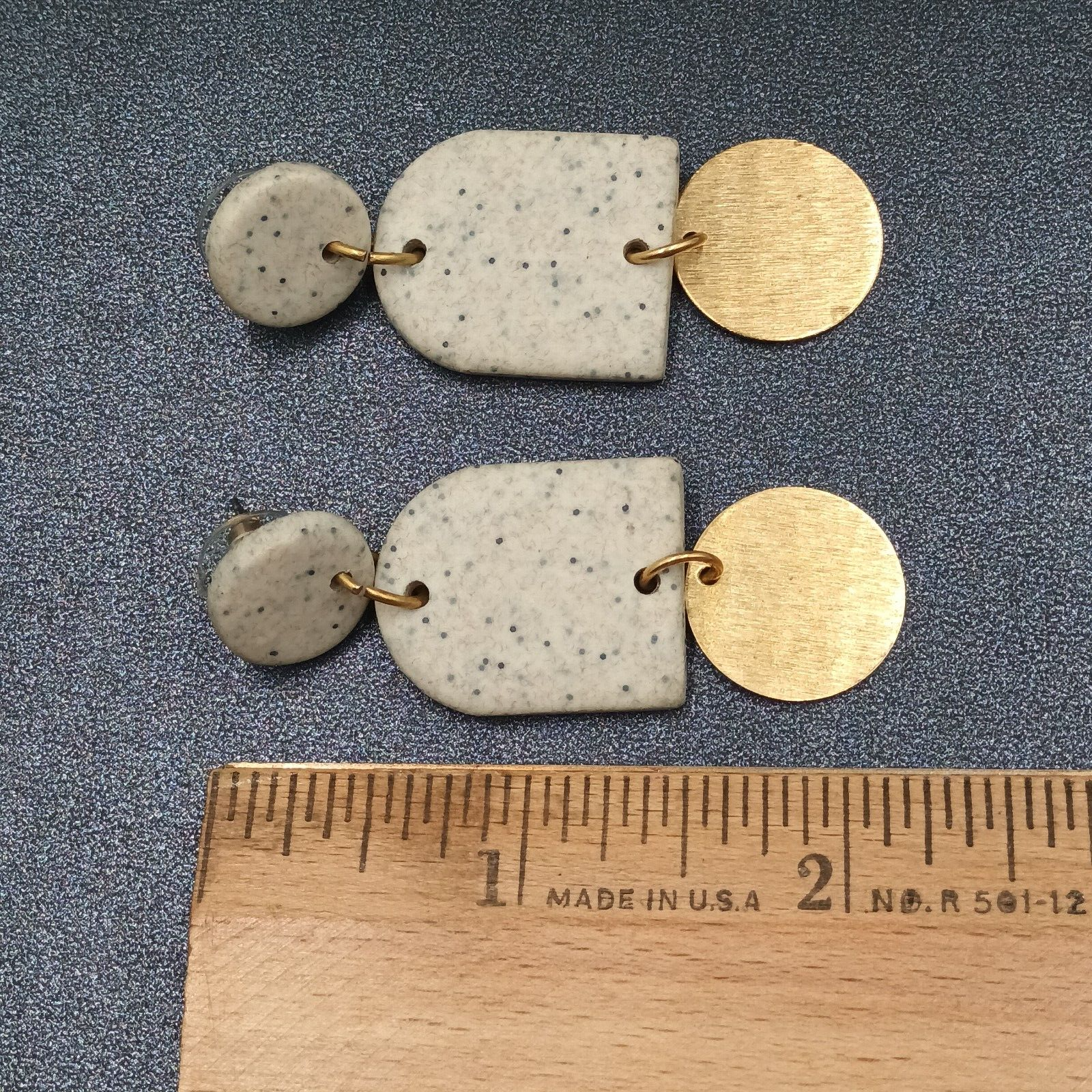Pierced Earrings Speckled Acrylic Gold tone Geometric Statement Dangle 2 3/8"