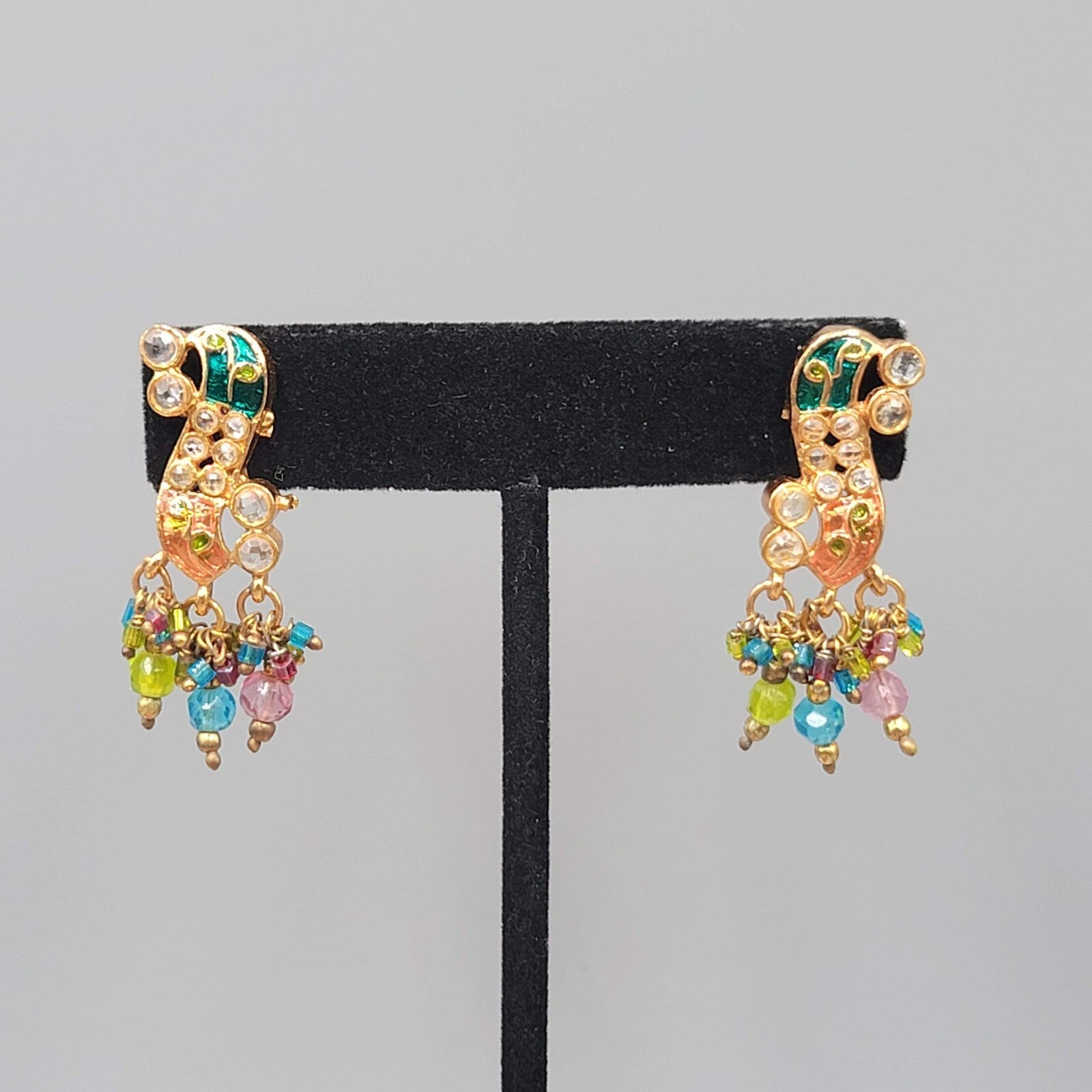 Vintage Bollywood Pierced Earrings Goldtone Intricate Multicolor Rhinestone 1.5"