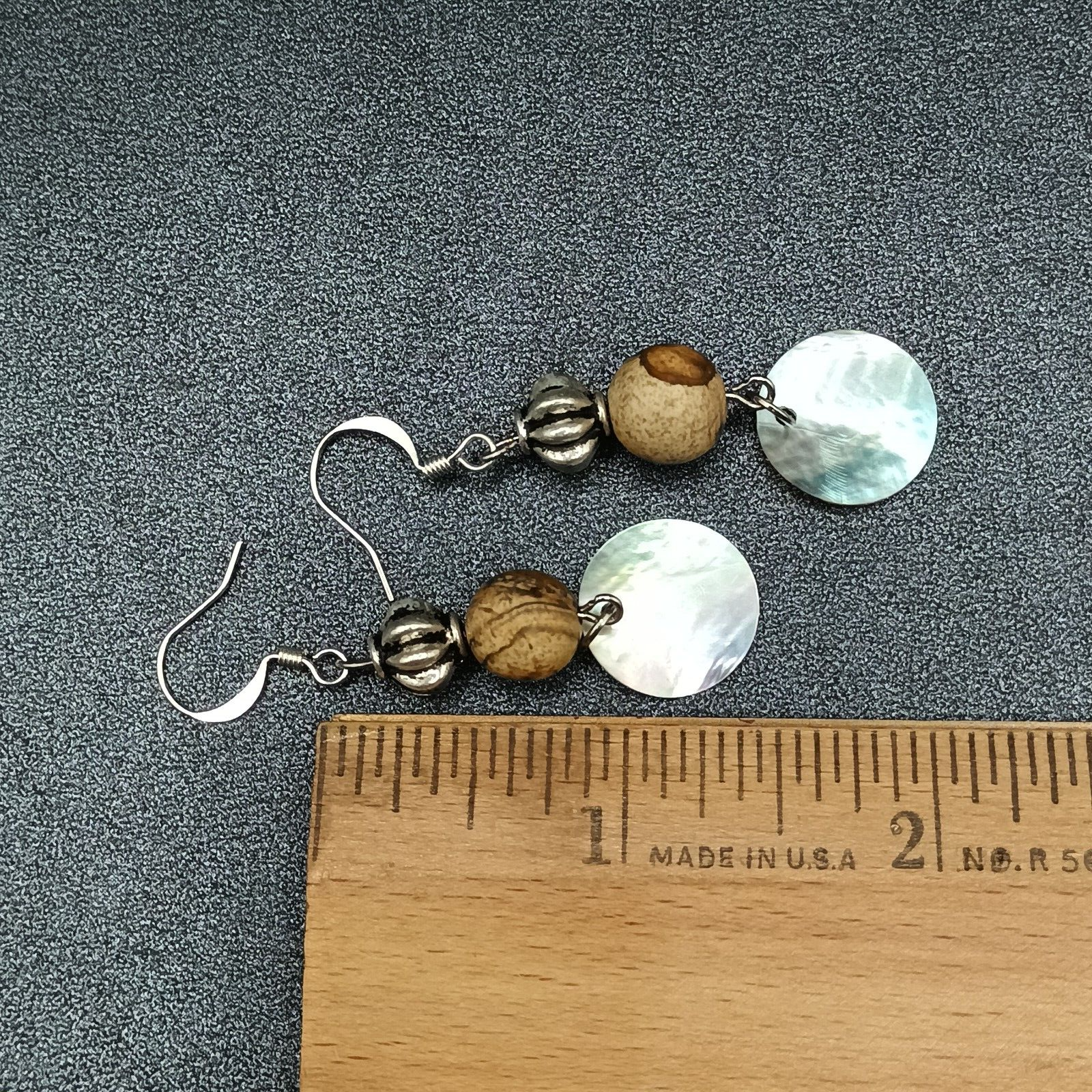 Pierced Earrings Silver tone Beaded Shell Statement Dangle 1 1/2"