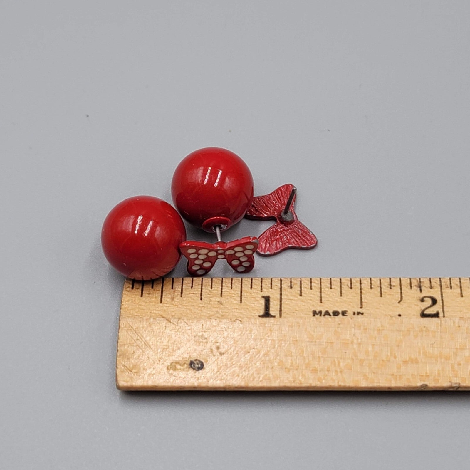 Minnie Mouse Bow Pierced Earrings Red Enamel Reversible Studs 