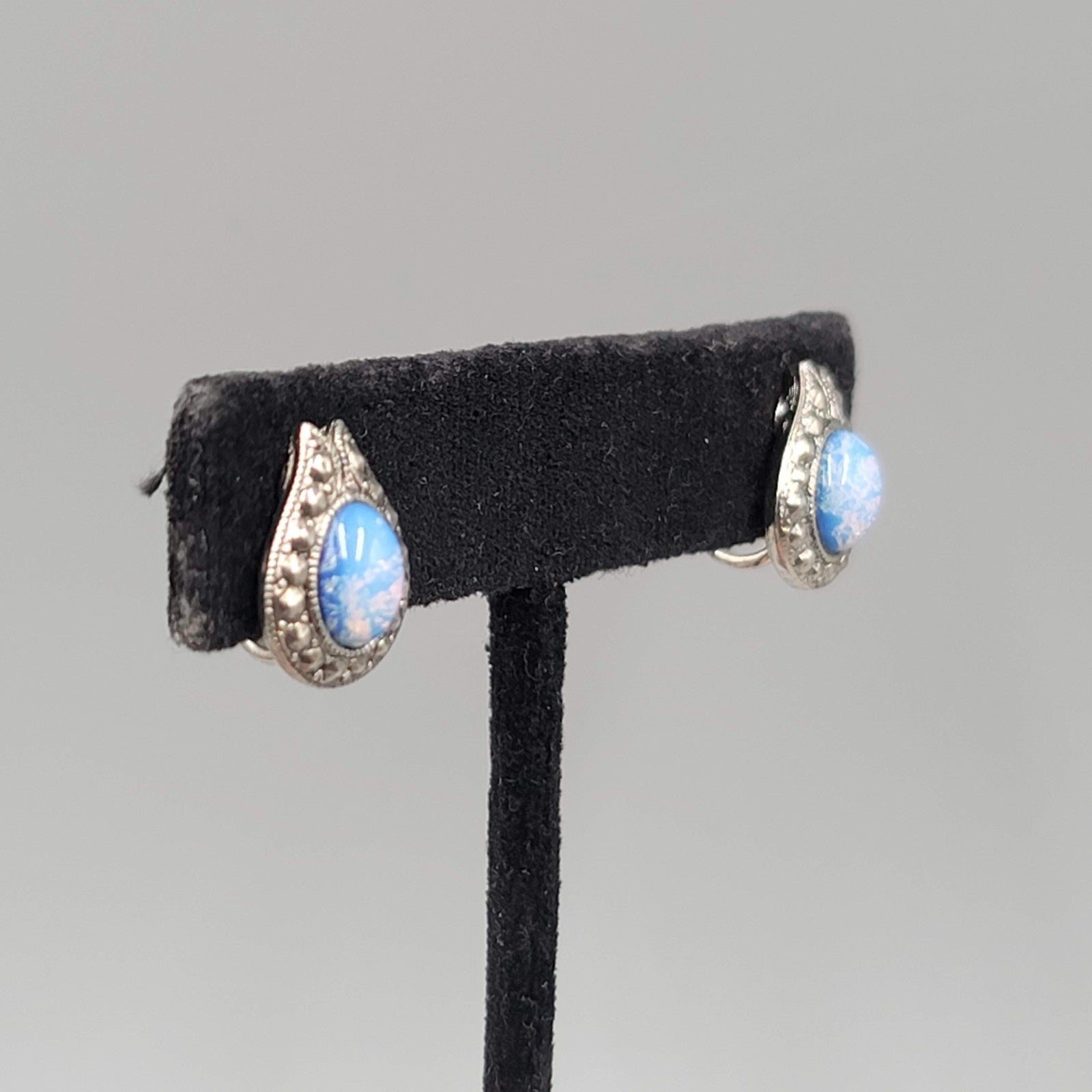 Vintage Clip on Earrings Silver tone Faux Glass Opal Drop 5/8"