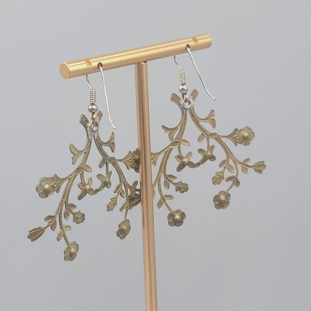 Leaf Statement Pierced Earrings Greenish Bronze tone Crystal Dangle 1.75"