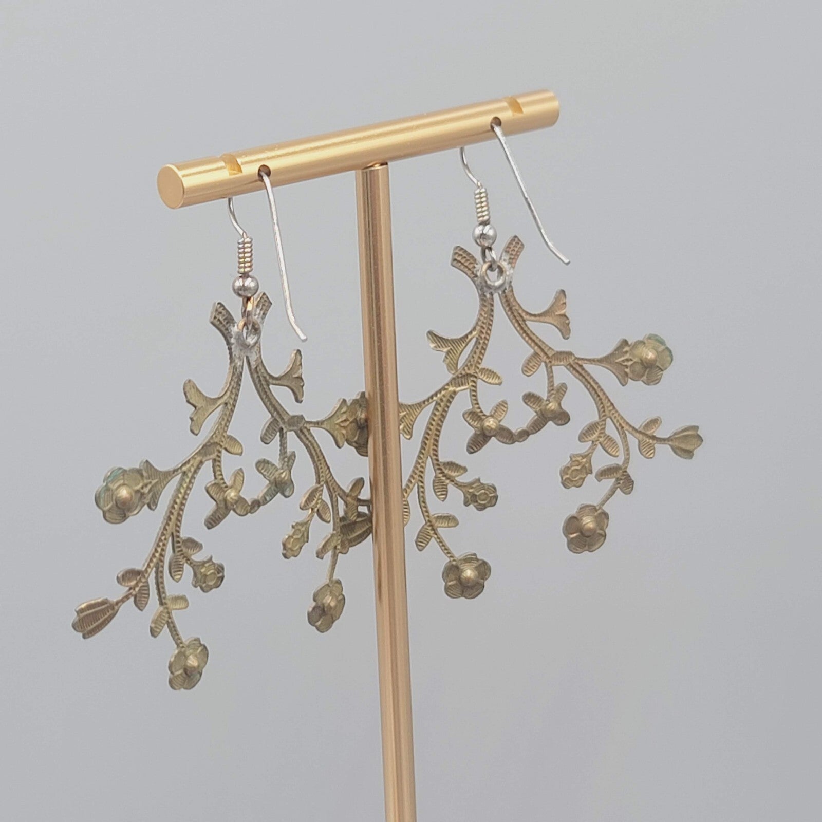 Leaf Statement Pierced Earrings Greenish Bronze tone Crystal Dangle 1.75"
