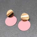 Pierced Earrings Mauve Pink Enamel Gold tone Double Discs Dangle 1 3/8"