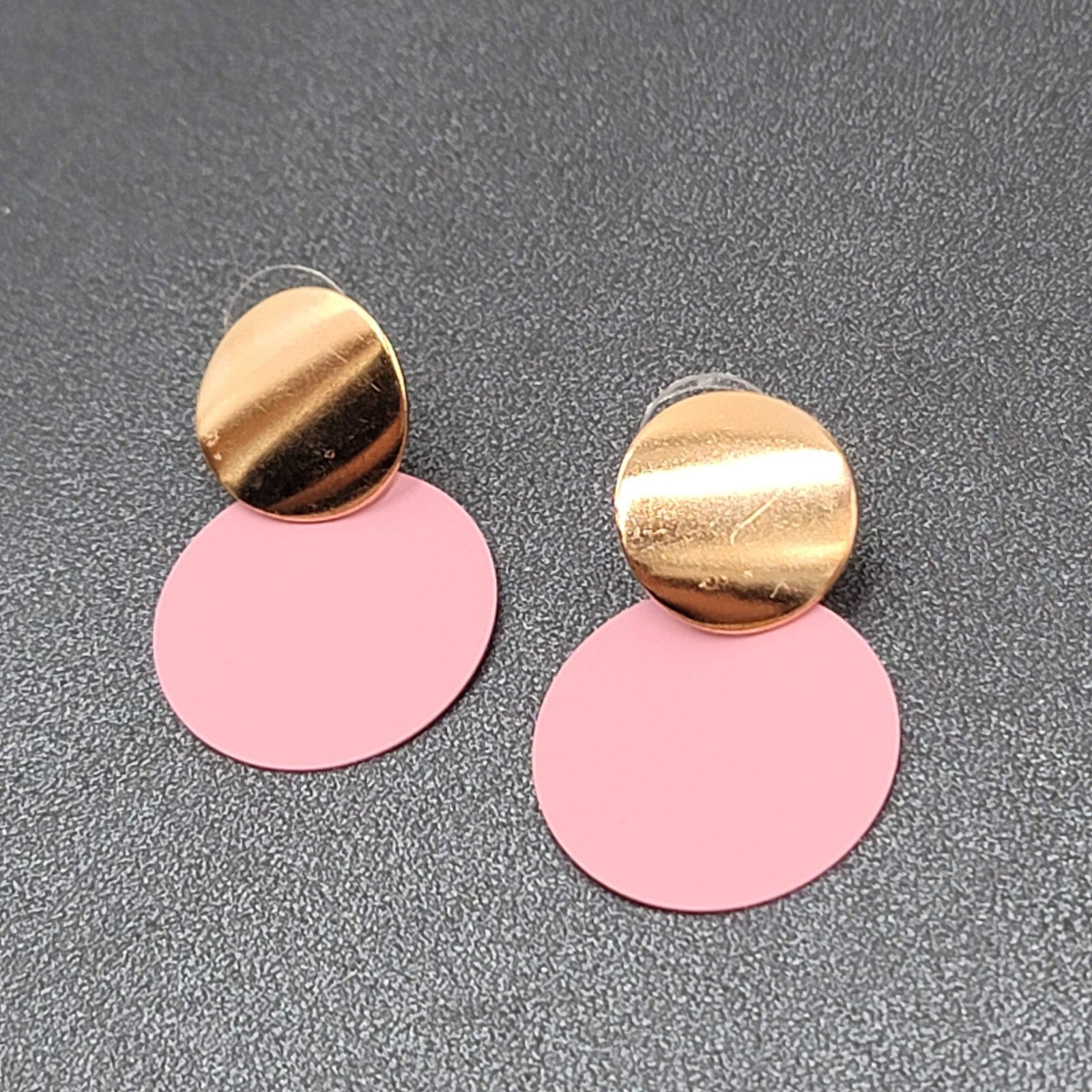 Pierced Earrings Mauve Pink Enamel Gold tone Double Discs Dangle 1 3/8"