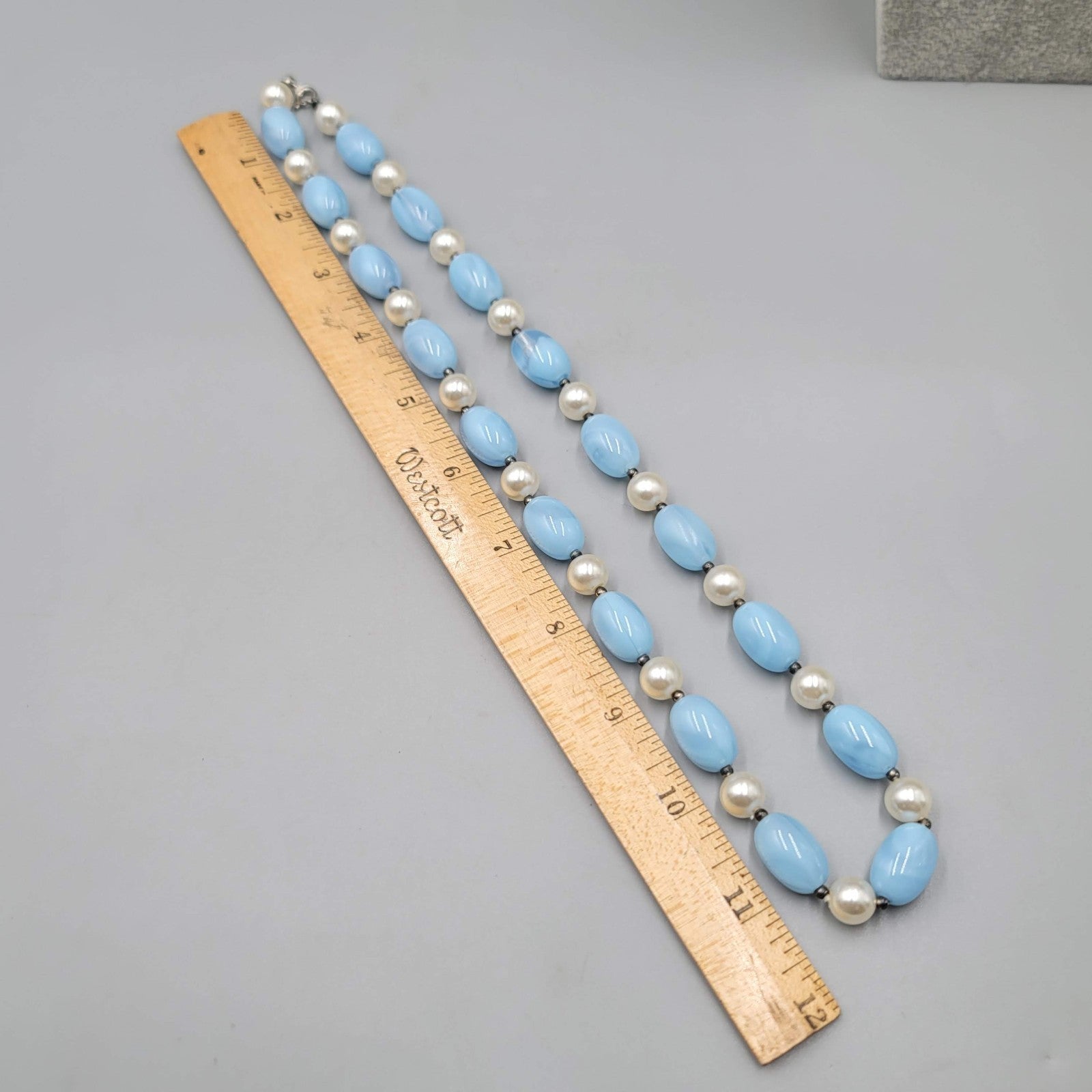 Vintage Swirl Blue Acrylic Necklace White Silver tone Beads 24 in