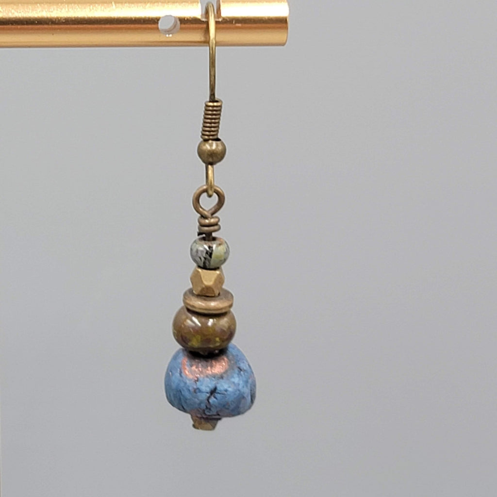 Blue and Green Beads Pierced Earrings Bronze tone Dangle 1"