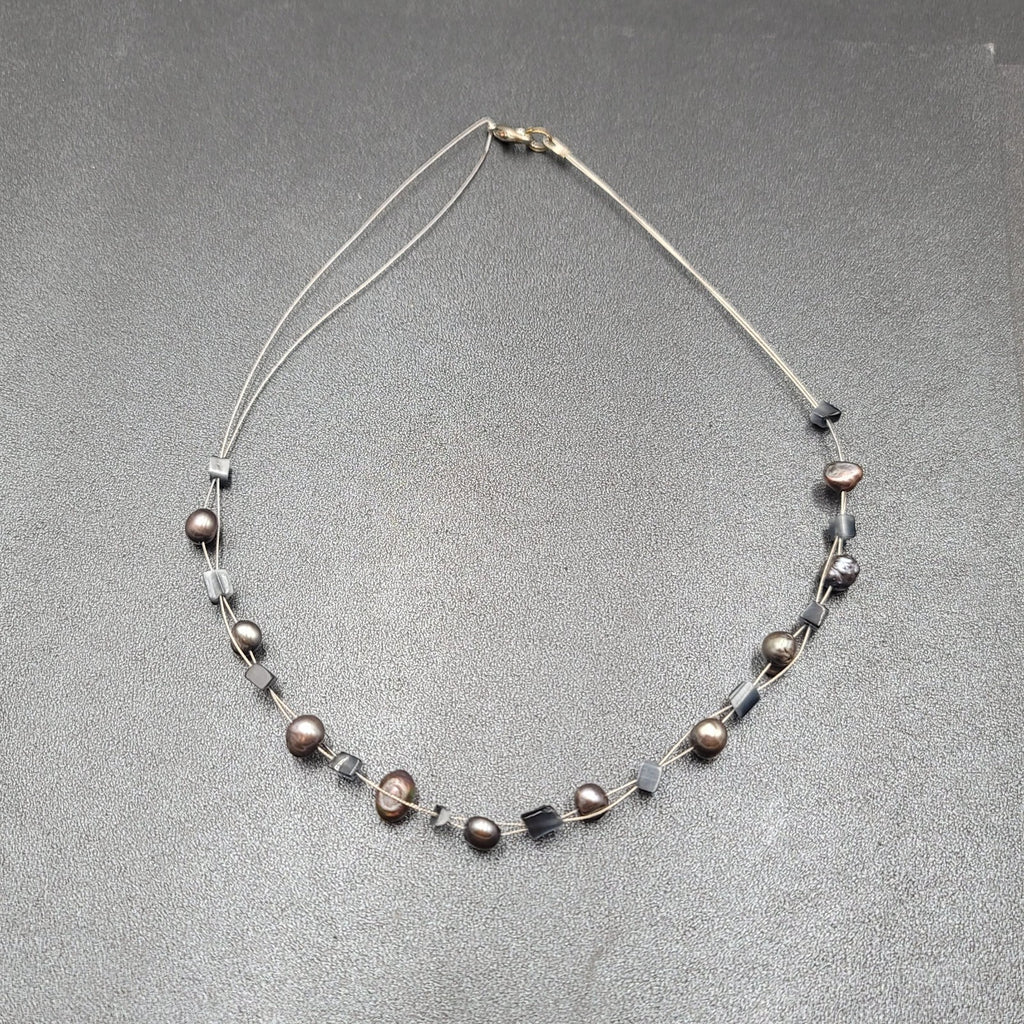 Multi Strand Pearl Station Floating Beads Necklace 18"