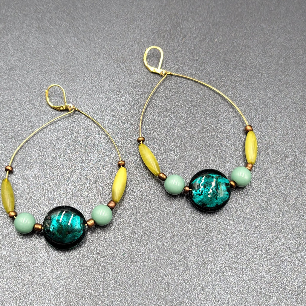 Pierced Earrings Gold tone Blue Dichroic Glass Bead Acrylic Beads 3"