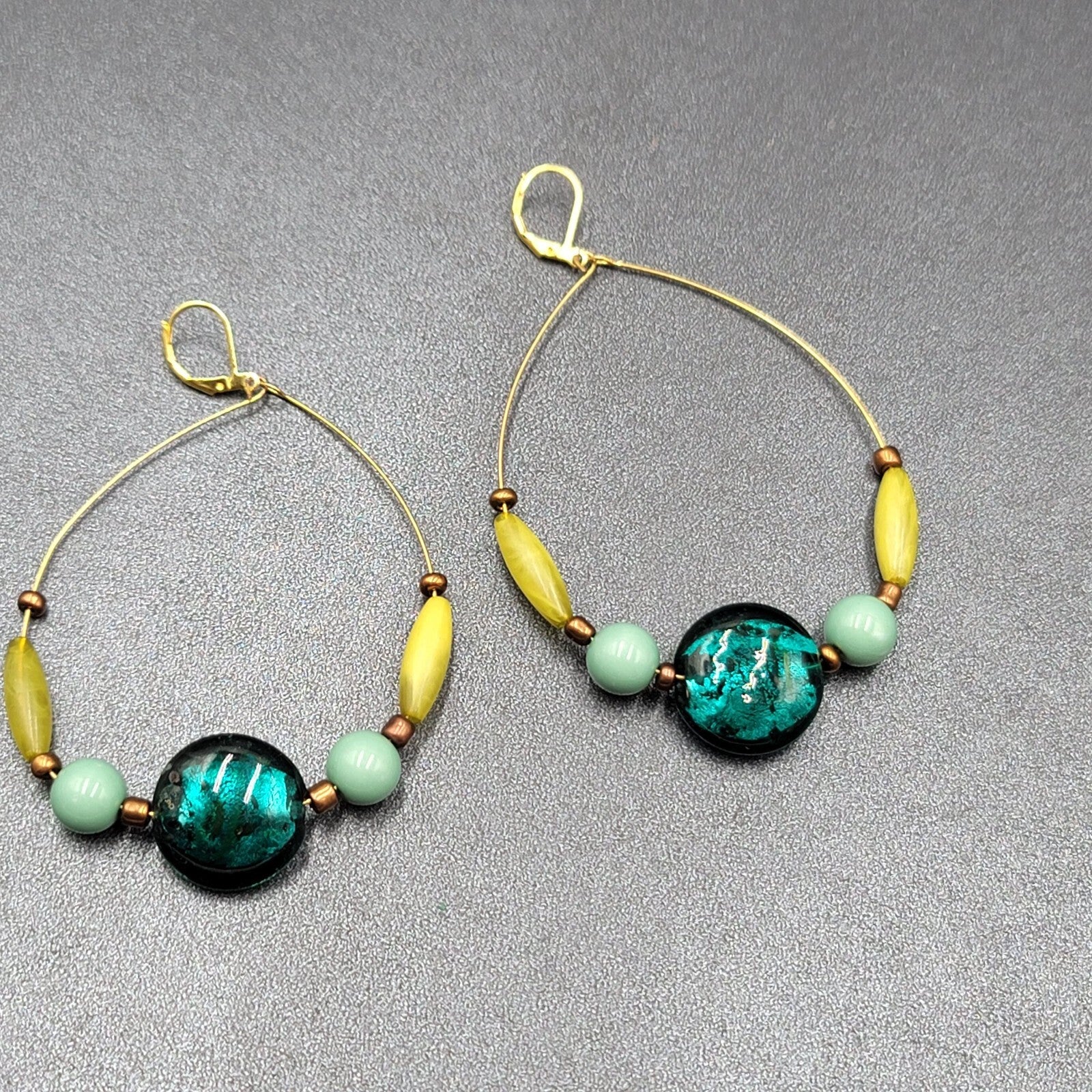 Pierced Earrings Gold tone Blue Dichroic Glass Bead Acrylic Beads 3"