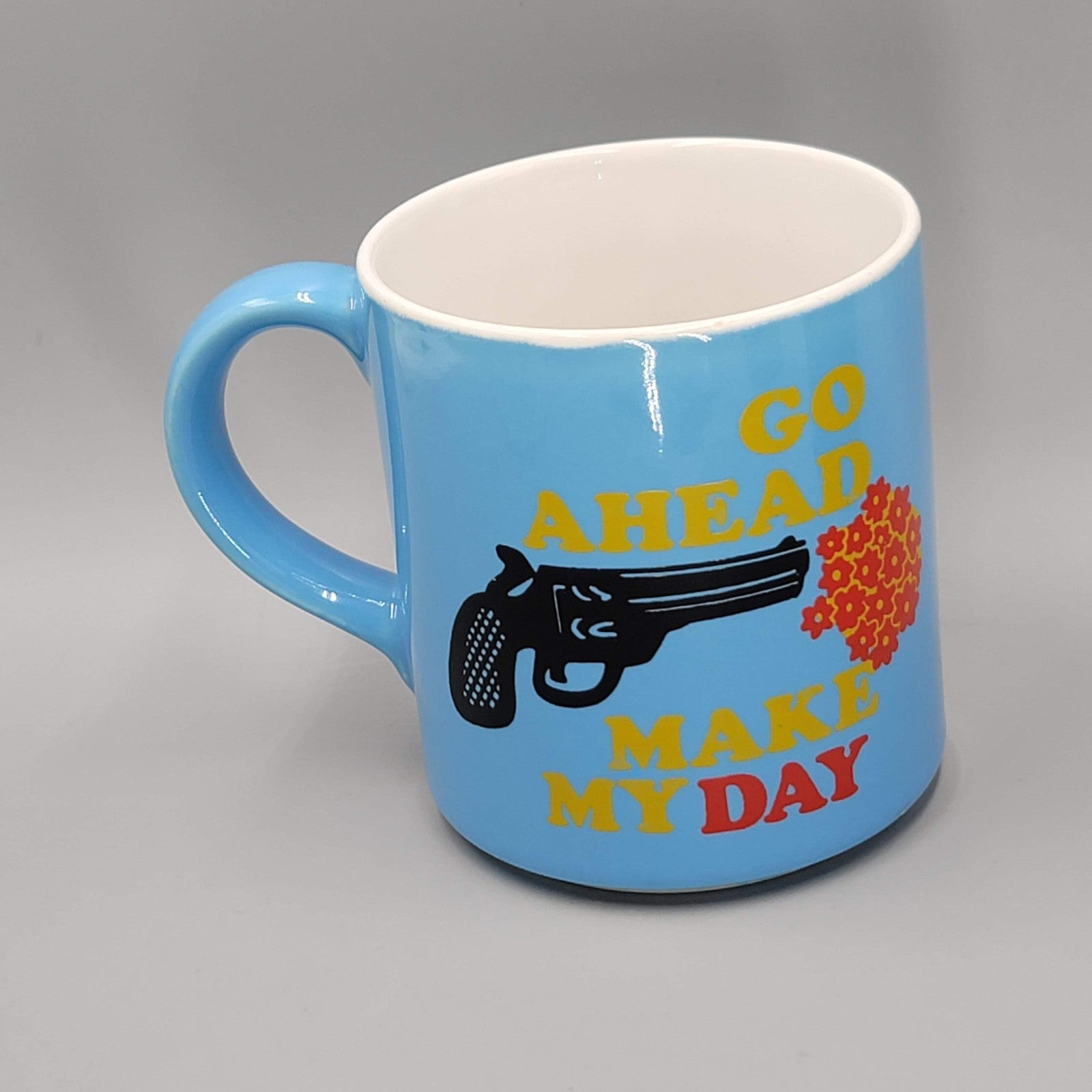 Go Ahead Make My Day Coffee Mug Blue Flowers Funny