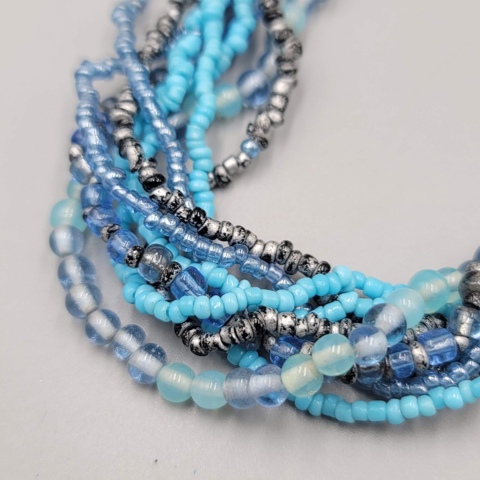 Multi Strand Blue Bead Twist Necklace Layered Silver tone 14"-17"