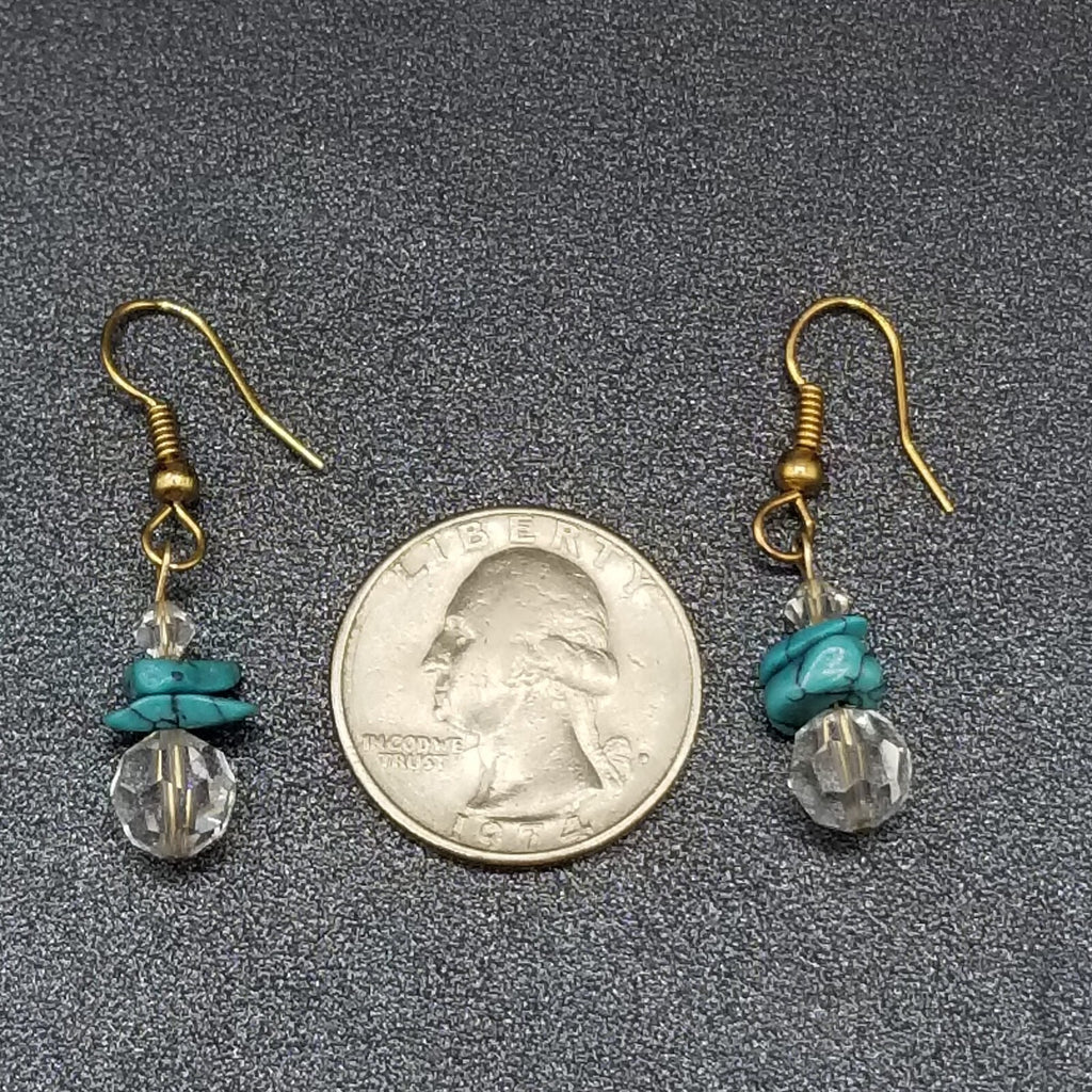 Pierced Earrings Gold tone Crystal Faceted Stone Turquoise Beaded Dangle 3/4"