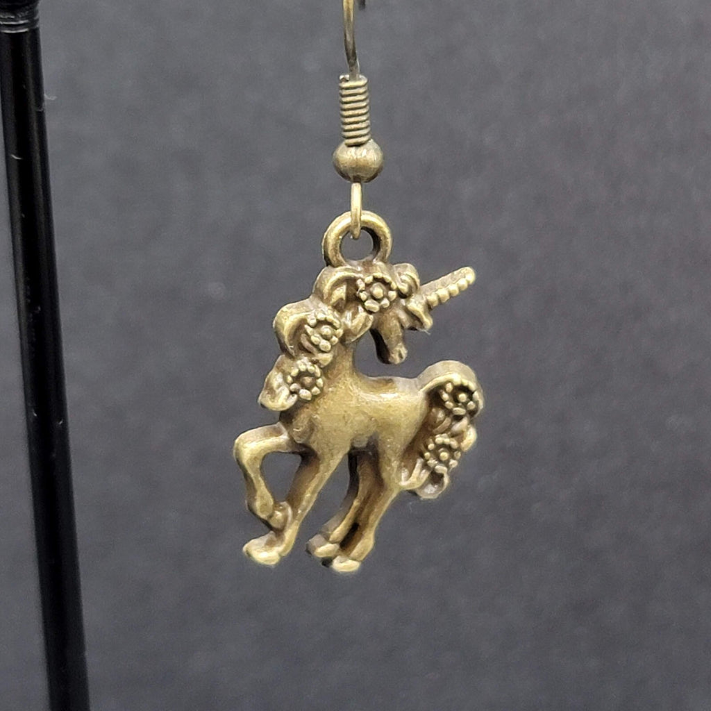 Unicorn Pierced Earrings Bronze tone Dangle 7/8" NEW