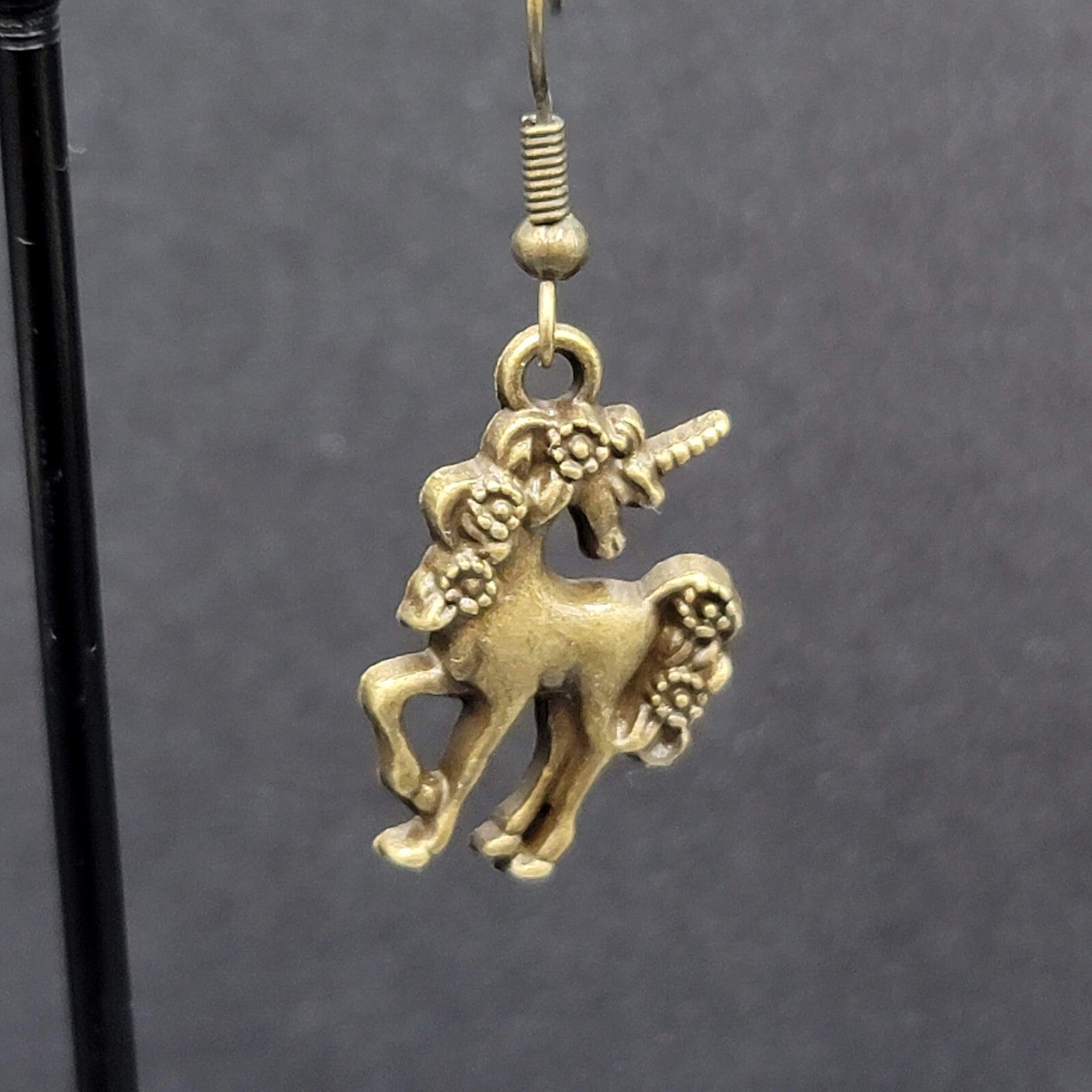 Unicorn Pierced Earrings Bronze tone Dangle 7/8" NEW